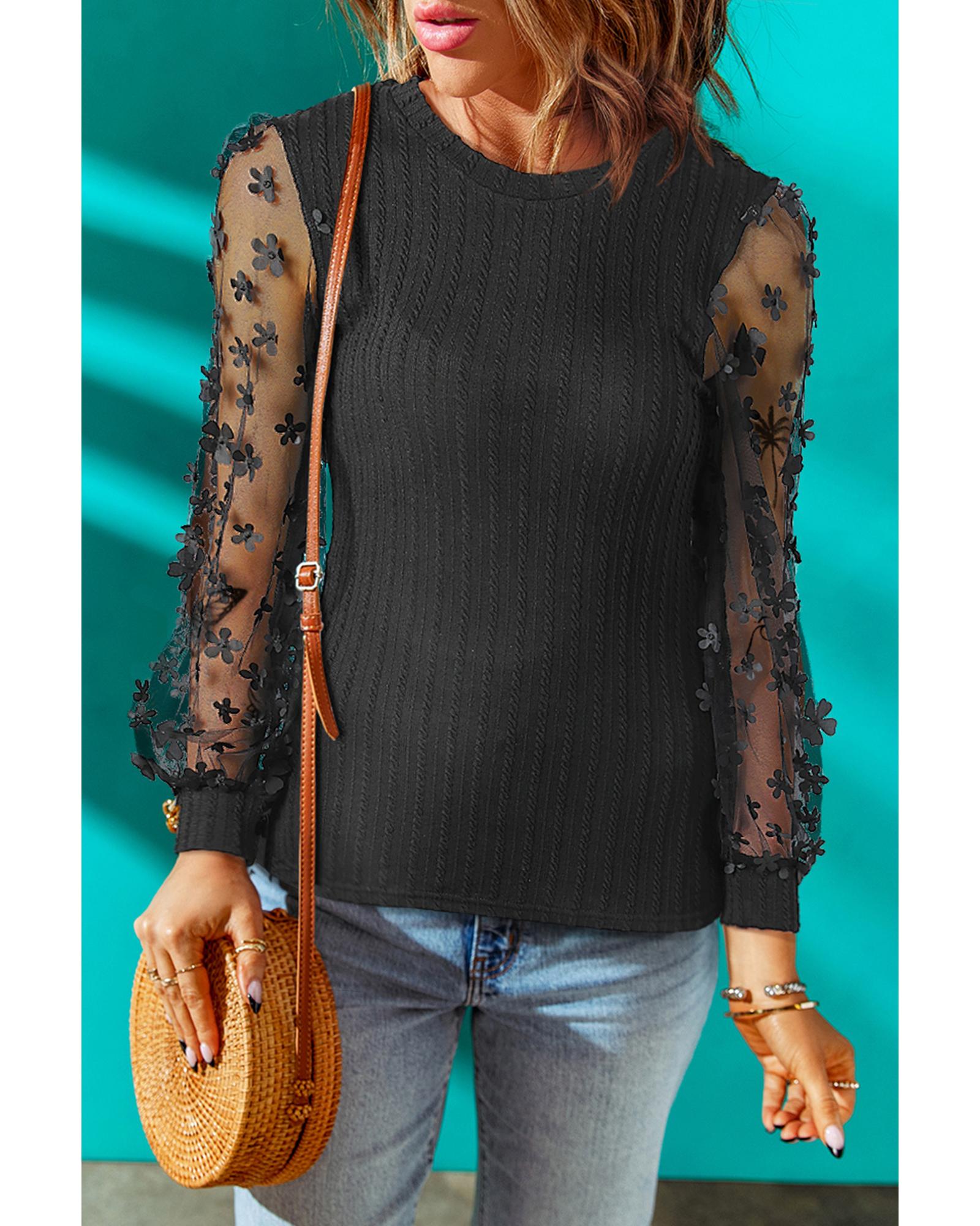 V539-AZEXDC25119092-2-L-202508290710-00 Azura Exchange Textured Knit Blouse with Floral Applique Mesh Sleeves - L - Image 1