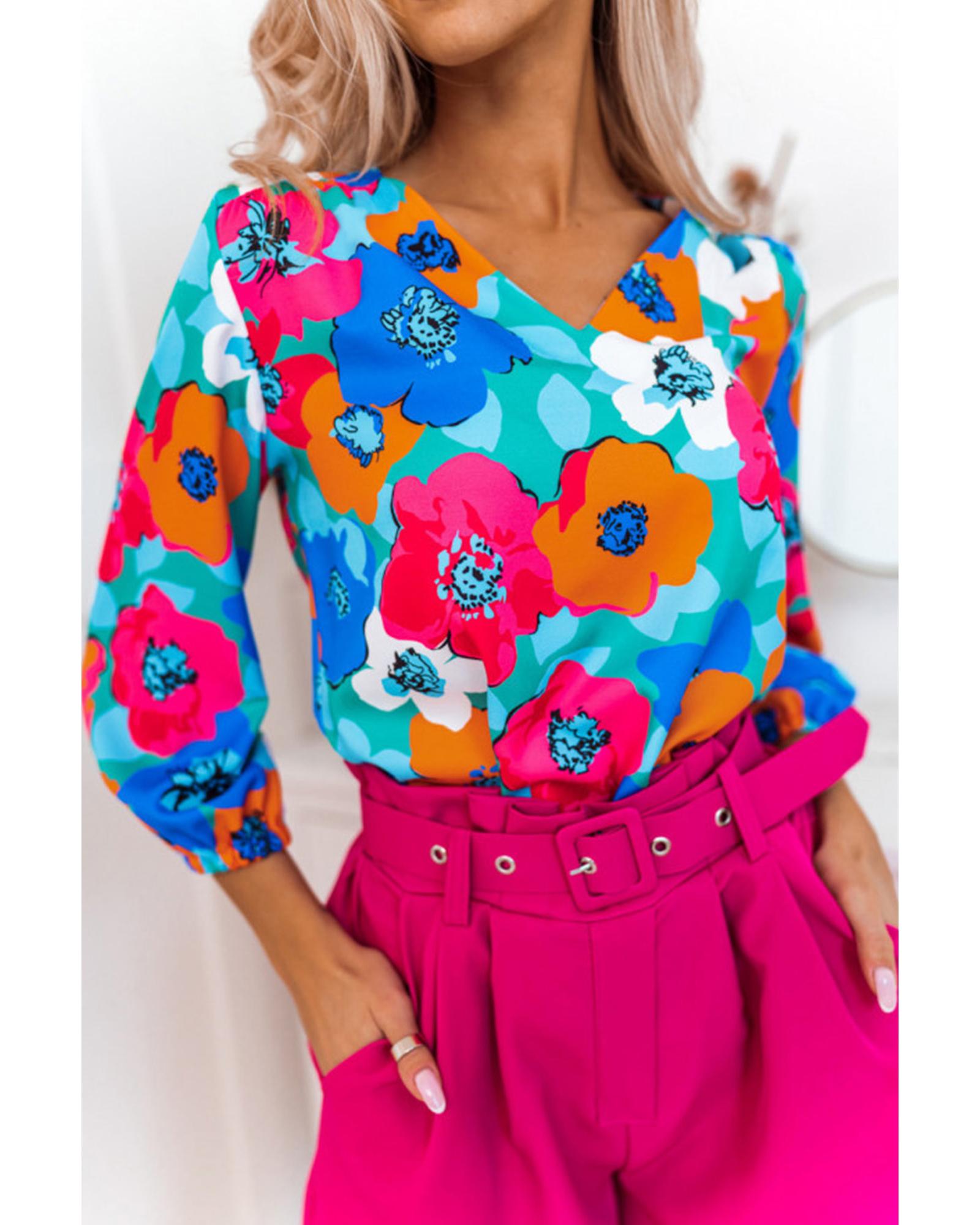 V539-AZEXDC25119409-22-S-164930-00 Azura Exchange Floral Print V Neck Blouse - S - Image 1