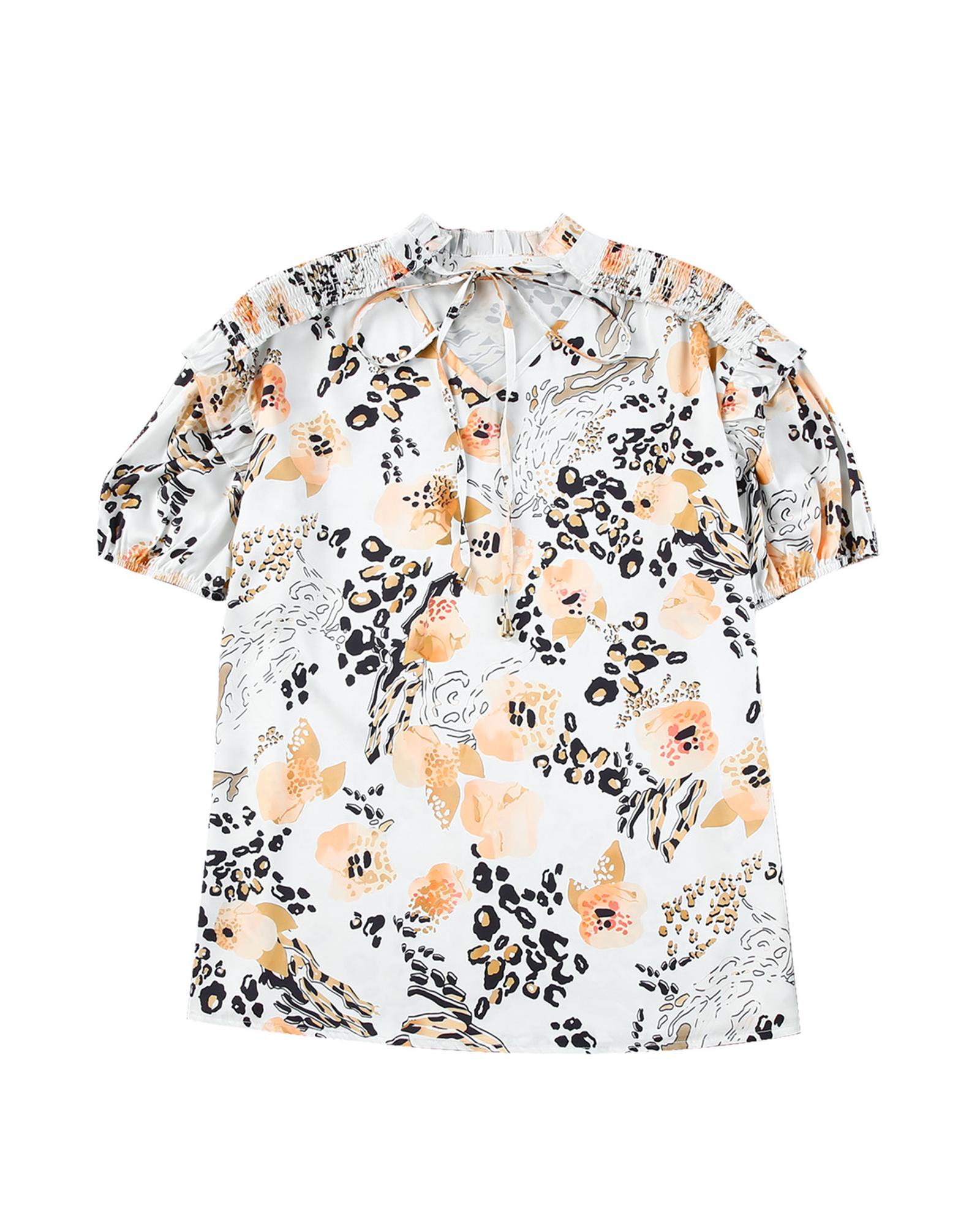 V539-AZEXDC25120041-12-S-202508252035-00 Azura Exchange Leopard Floral Print Puff Sleeve Blouse - S - Image 1