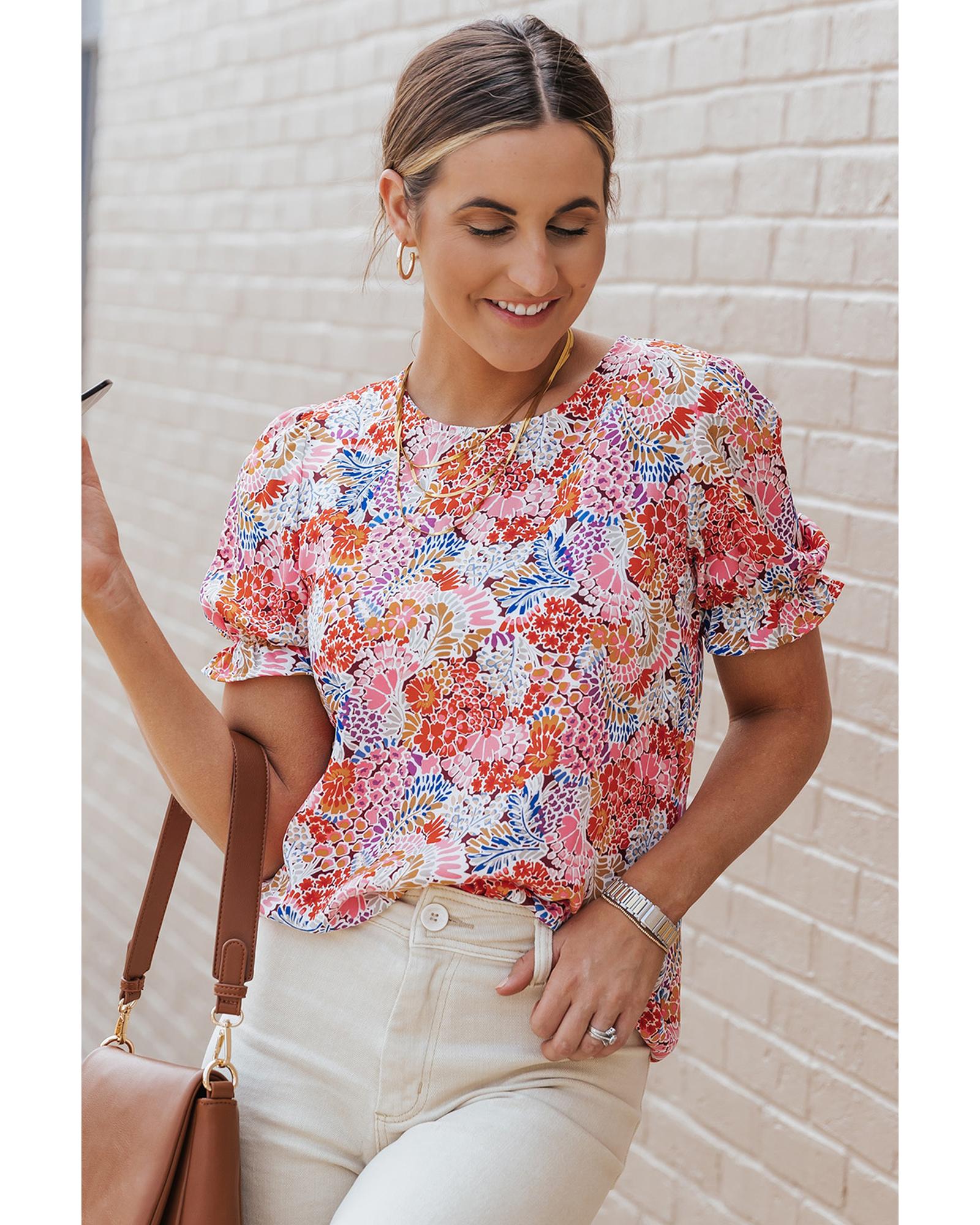 V539-AZEXDC25120147-22-S-162870-00 Azura Exchange Floral Pattern Bubble Sleeve Blouse - S - Image 1