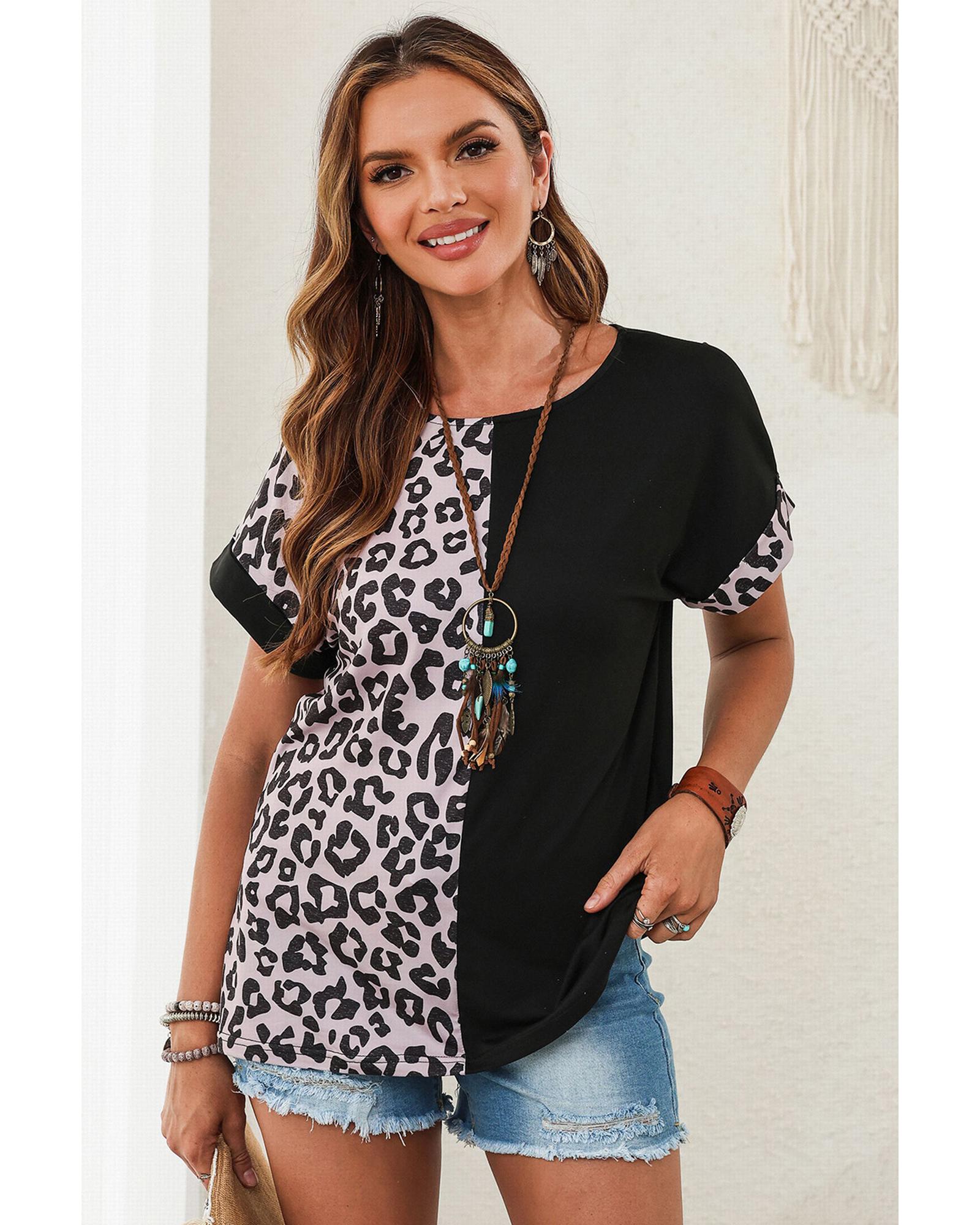 V539-AZEXDC25120368-2-S-202508261240-00 Azura Exchange Leopard Patchwork Short Sleeves Top - S - Image 1