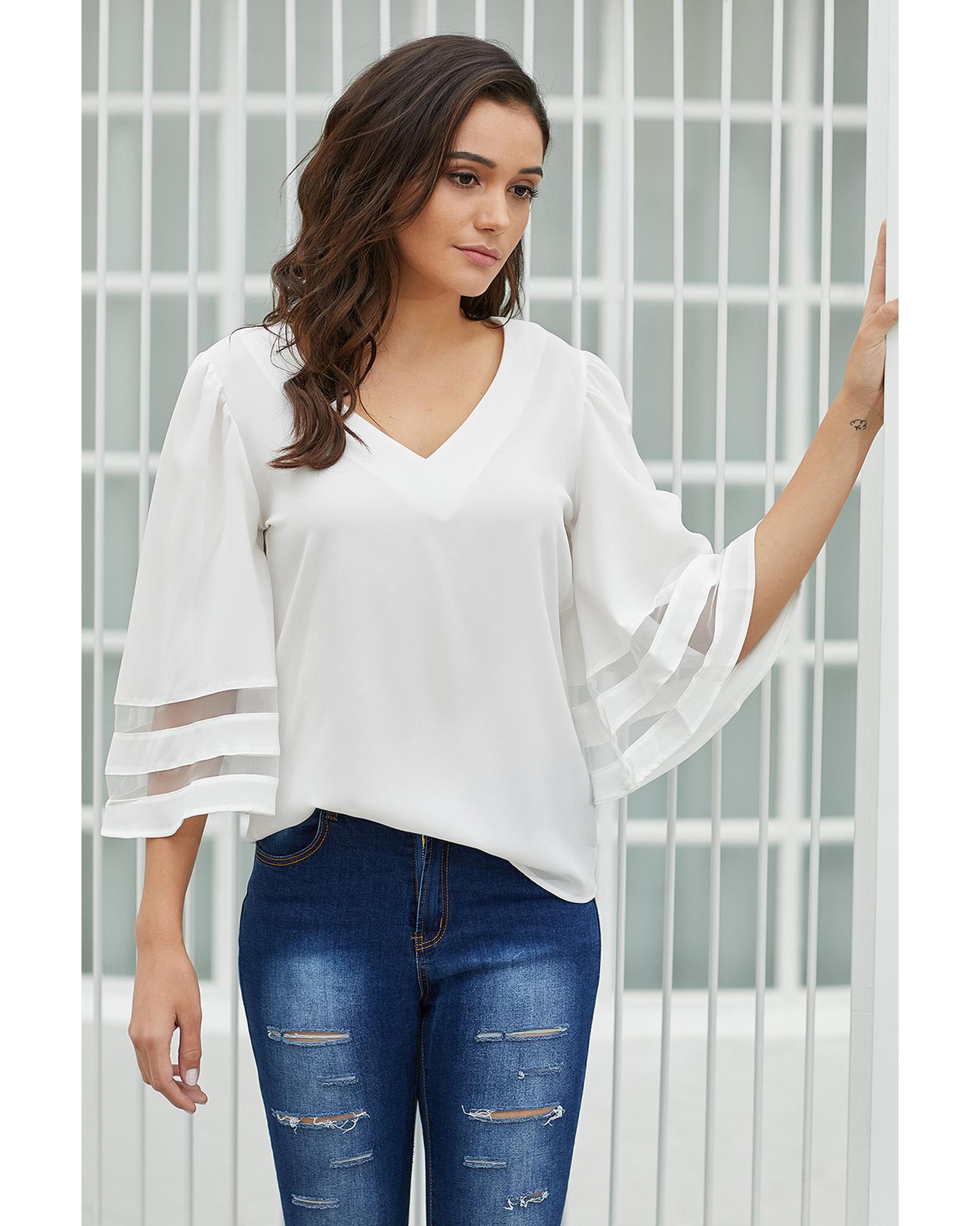 V539-AZEXDC251204-1XXL-202508270705-00 White Flare Sleeve V Neck Loose Blouse - 2XL - Image 1