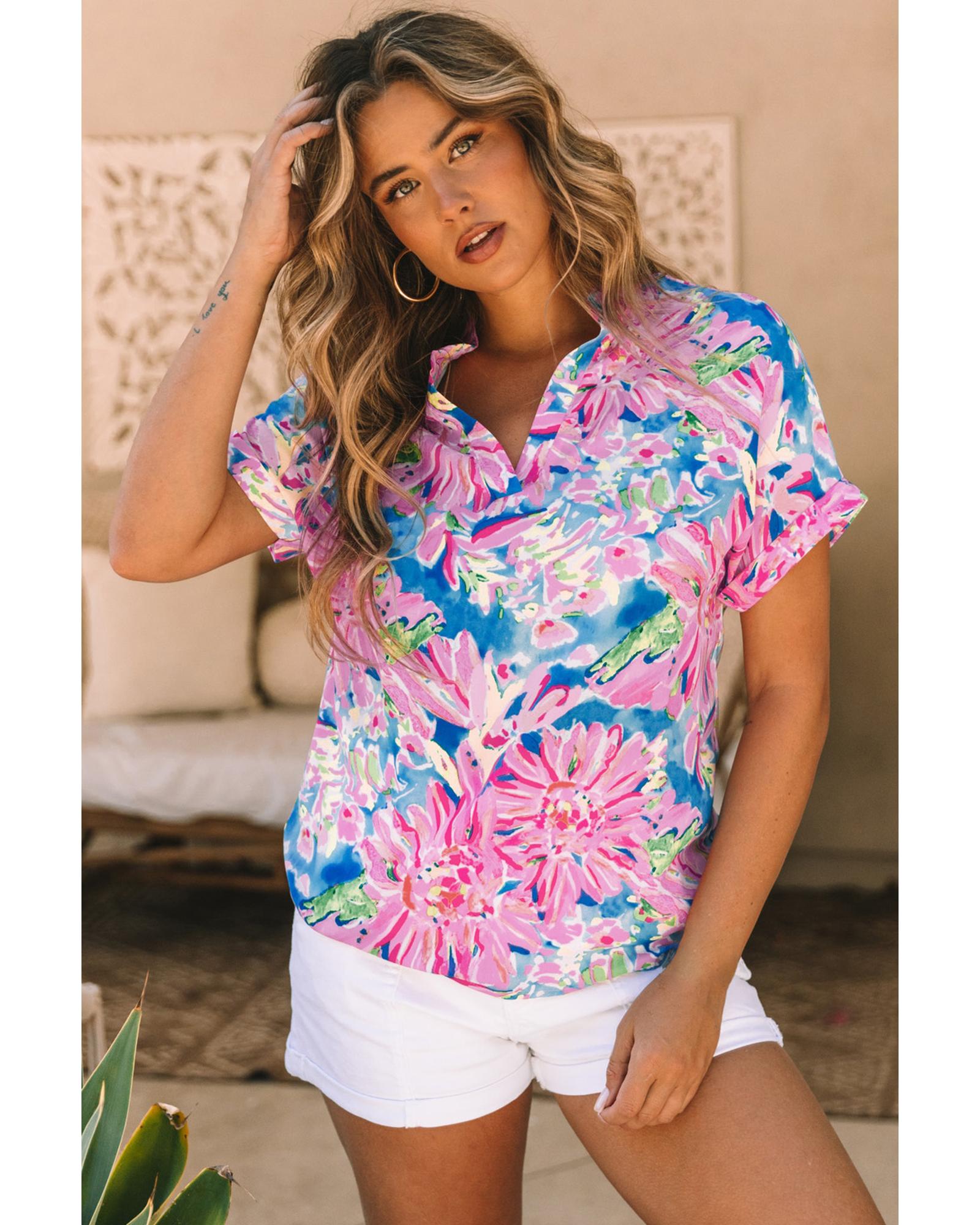 V539-AZEXDC25121075-10-S-202508262200-00 Azura Exchange Abstract Floral Print Notch V Neck Blouse - S - Image 1