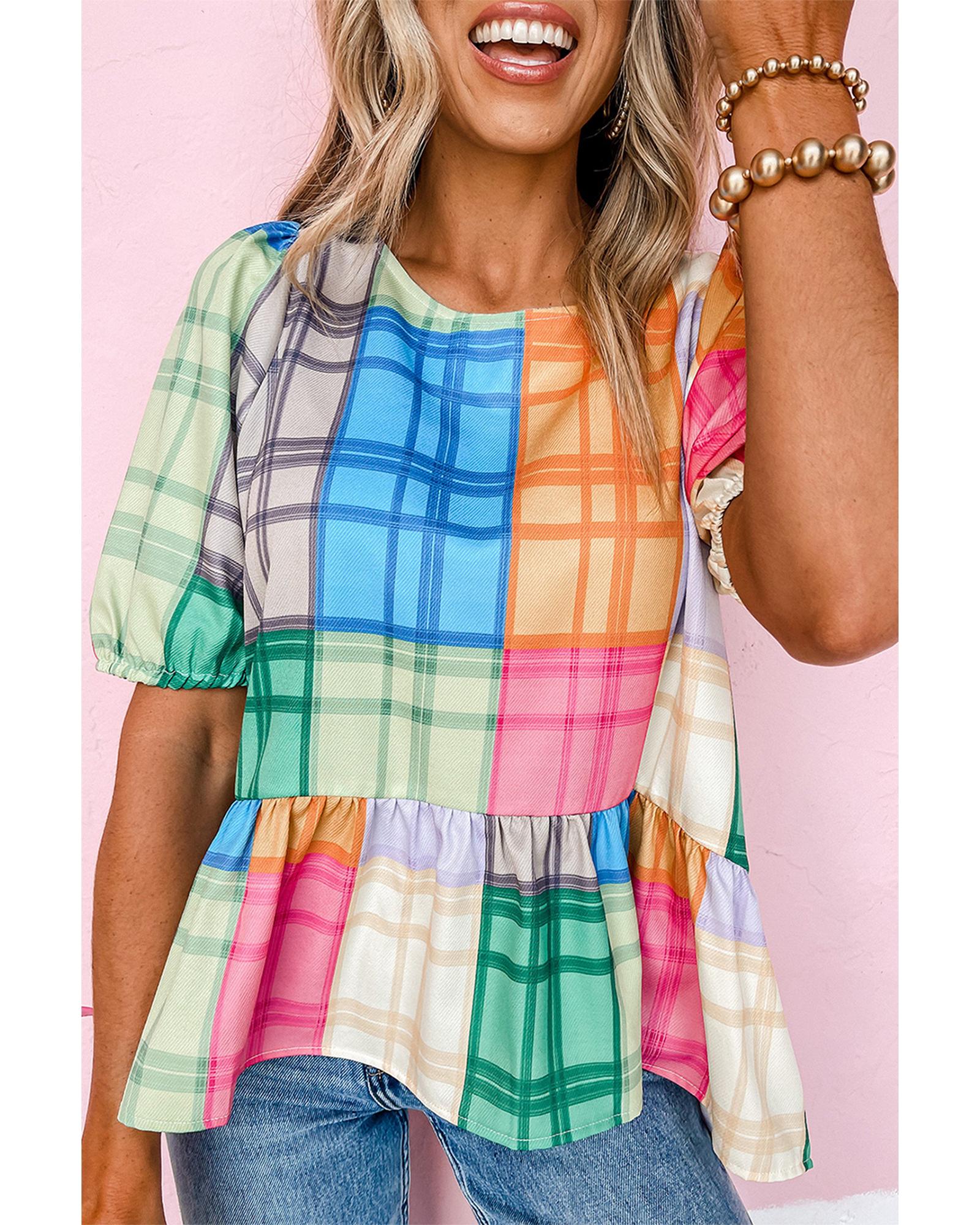 V539-AZEXDC25121182-22-L-202508260255-00 Azura Exchange Bold Plaid Color Block Puff Sleeve Peplum Top - L - Image 1