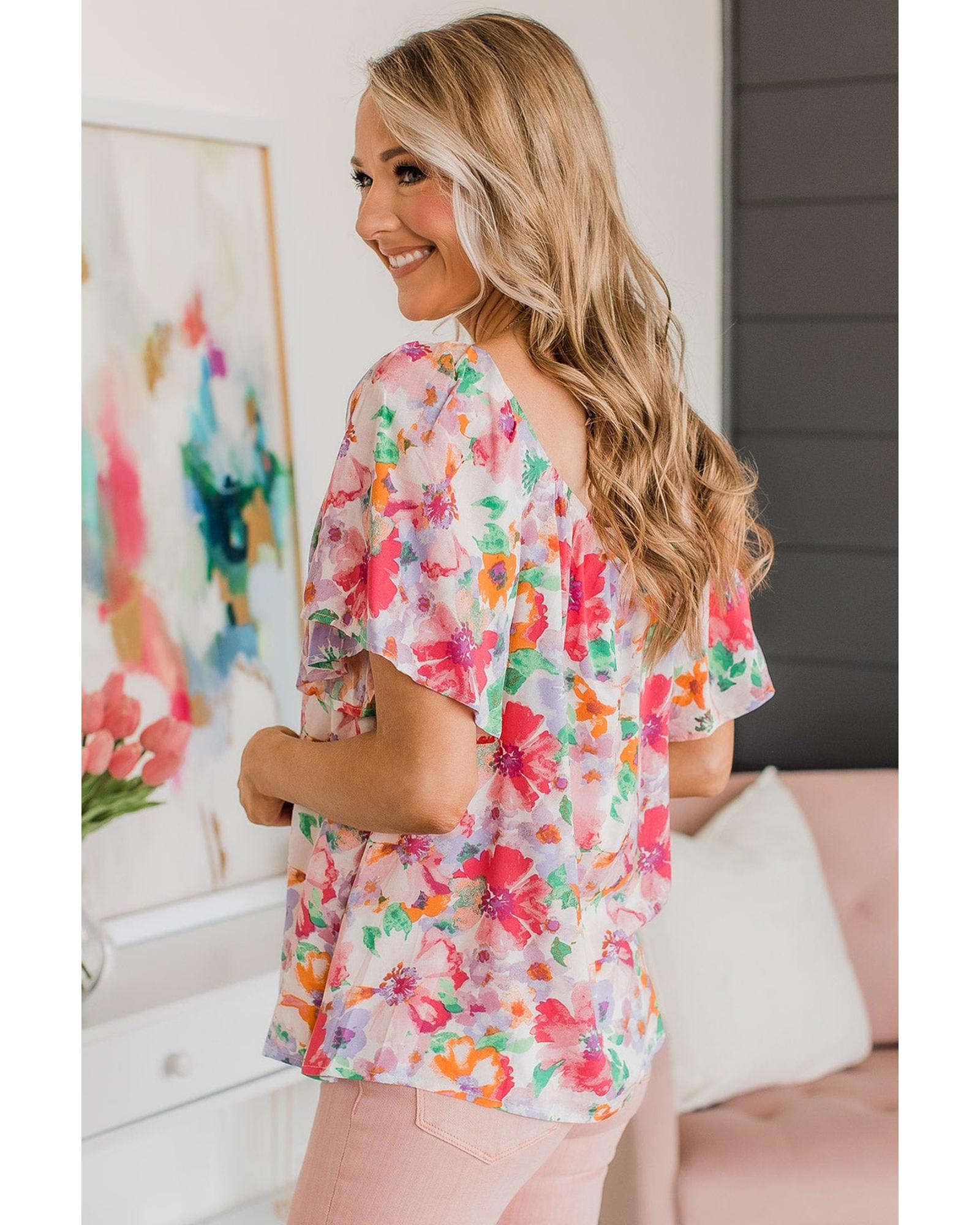 V539-AZEXDC25121318-22-L-202508262040-00 Azura Exchange Watercolor Floral Ruffle Sleeve Blouse - L - Image 1