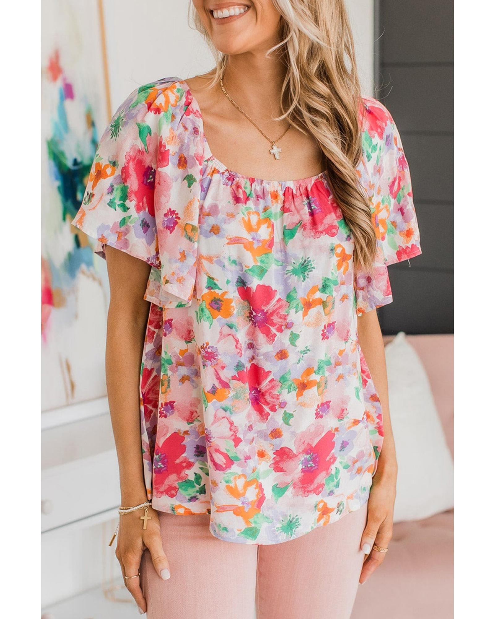 V539-AZEXDC25121318-22-S-202508262045-00 Azura Exchange Watercolor Floral Ruffle Sleeve Blouse - S - Image 1