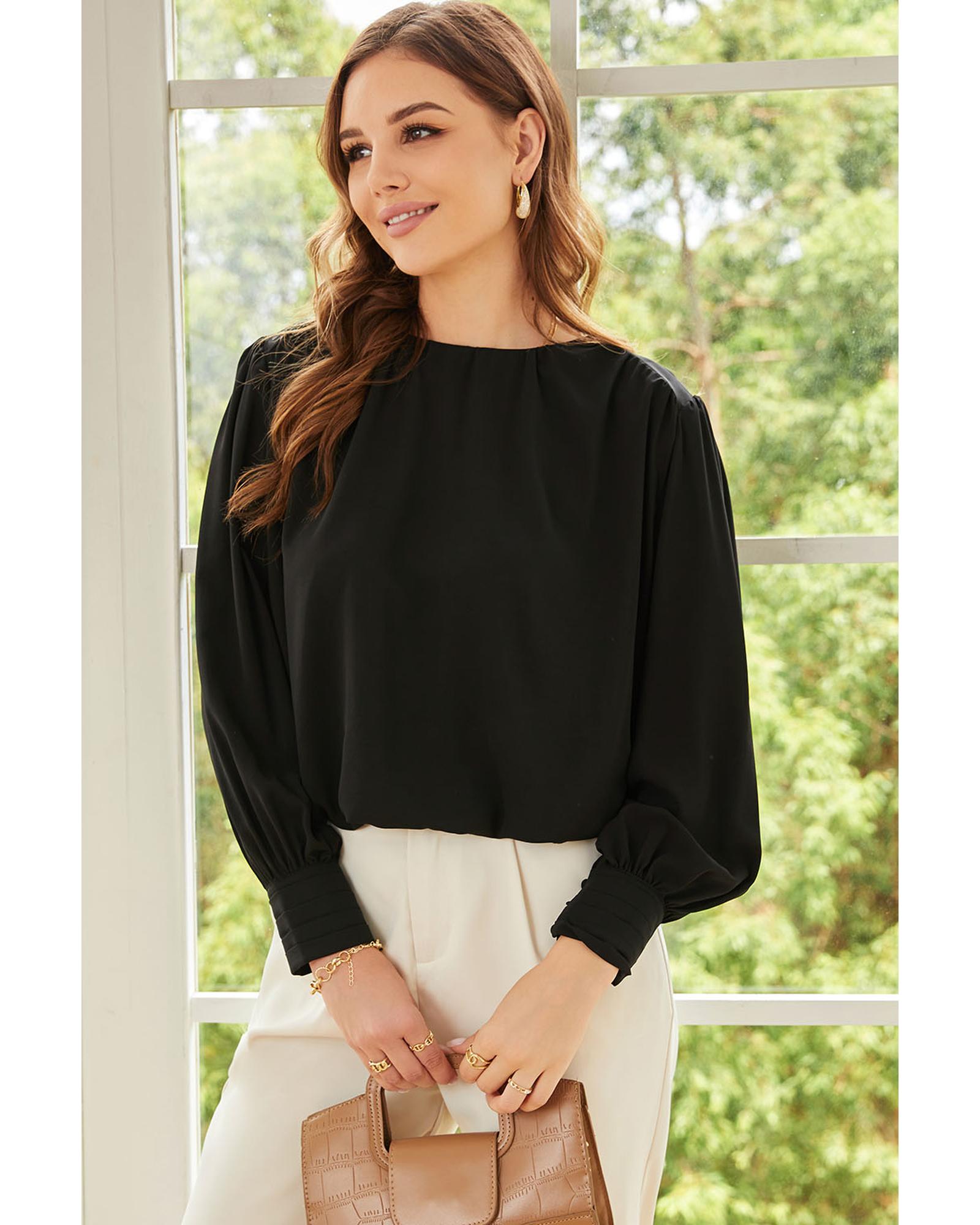 V539-AZEXDC25121461-2-L-202508270640-00 Black Padded Shoulder Buttoned Cuffs Pleated Loose Blouse - L - Image 1