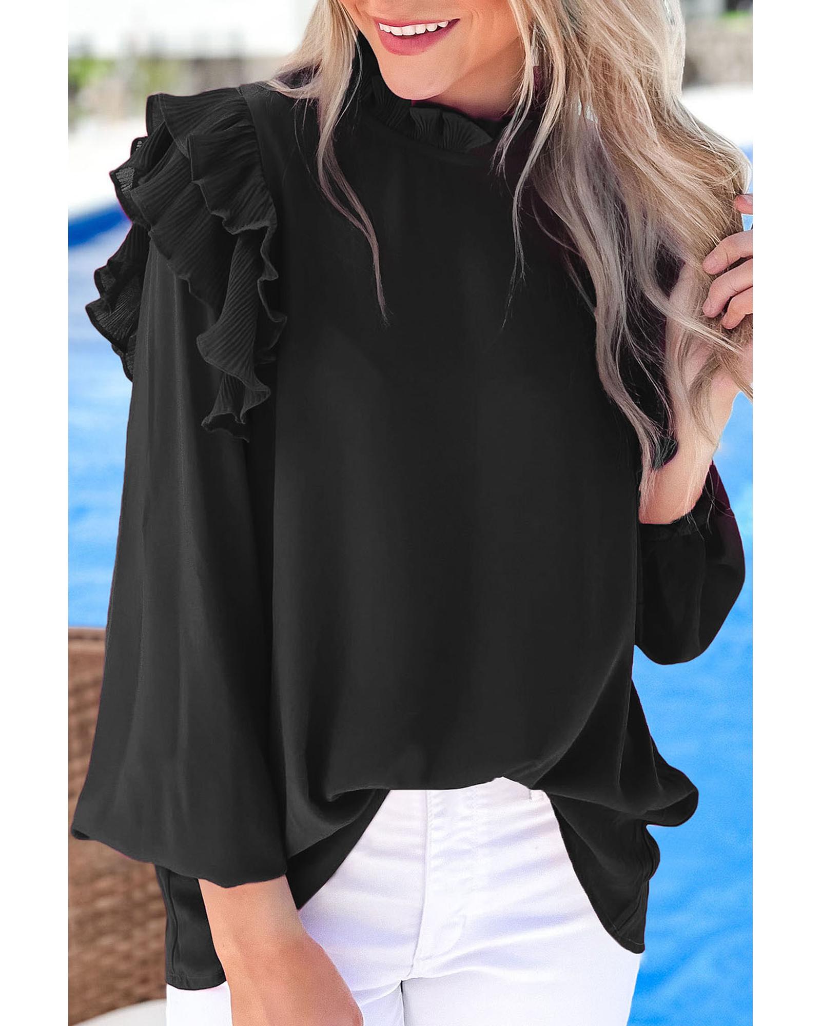 V539-AZEXDC25121471-2-S-202506112246-00 Black Button Keyhole Back Pleated Ruffle Trim Blouse - S - Image 1