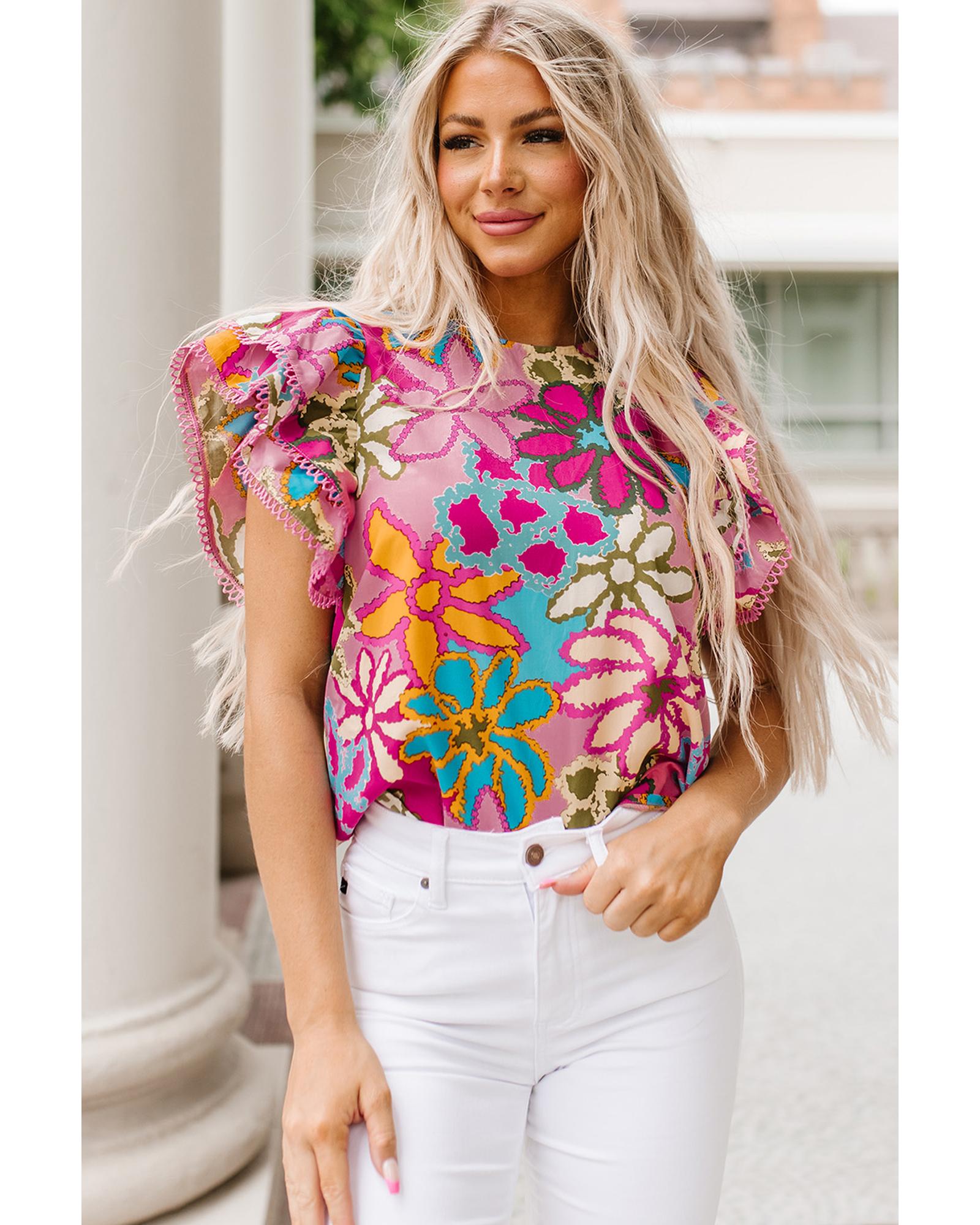 V539-AZEXDC25121673-22-M-202508290440-00 Azura Exchange Vibrant Floral Print Ruffle Sleeve Blouse - M - Image 1