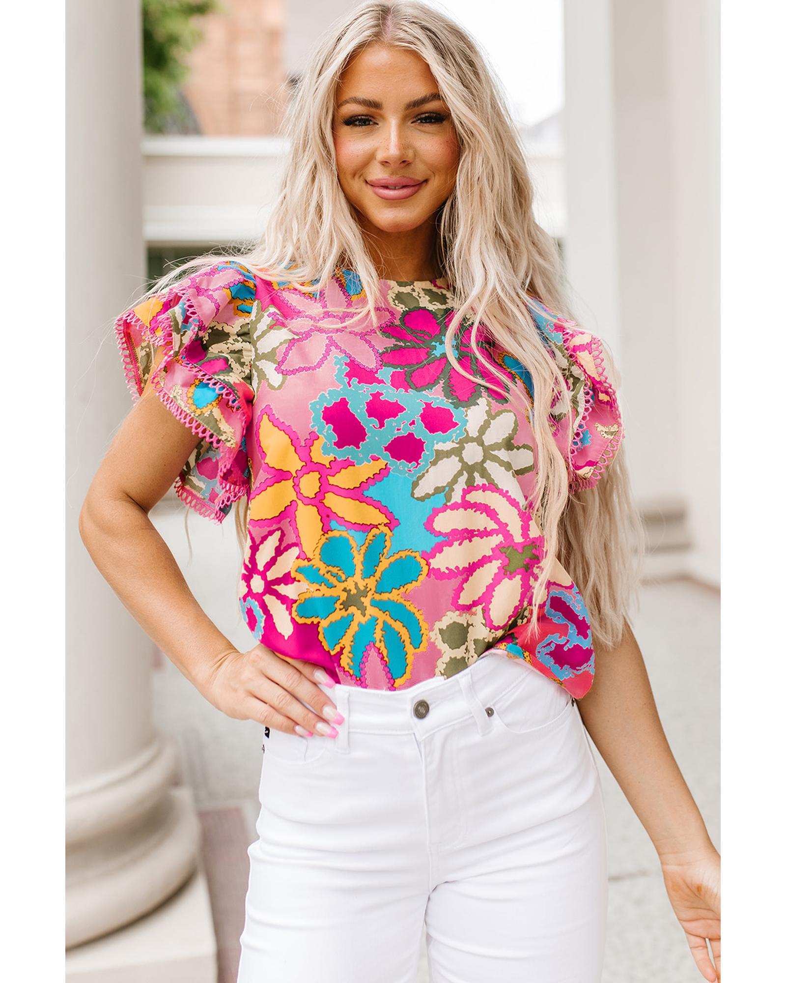 V539-AZEXDC25121673-22-S-202508290350-00 Azura Exchange Vibrant Floral Print Ruffle Sleeve Blouse - S - Image 1