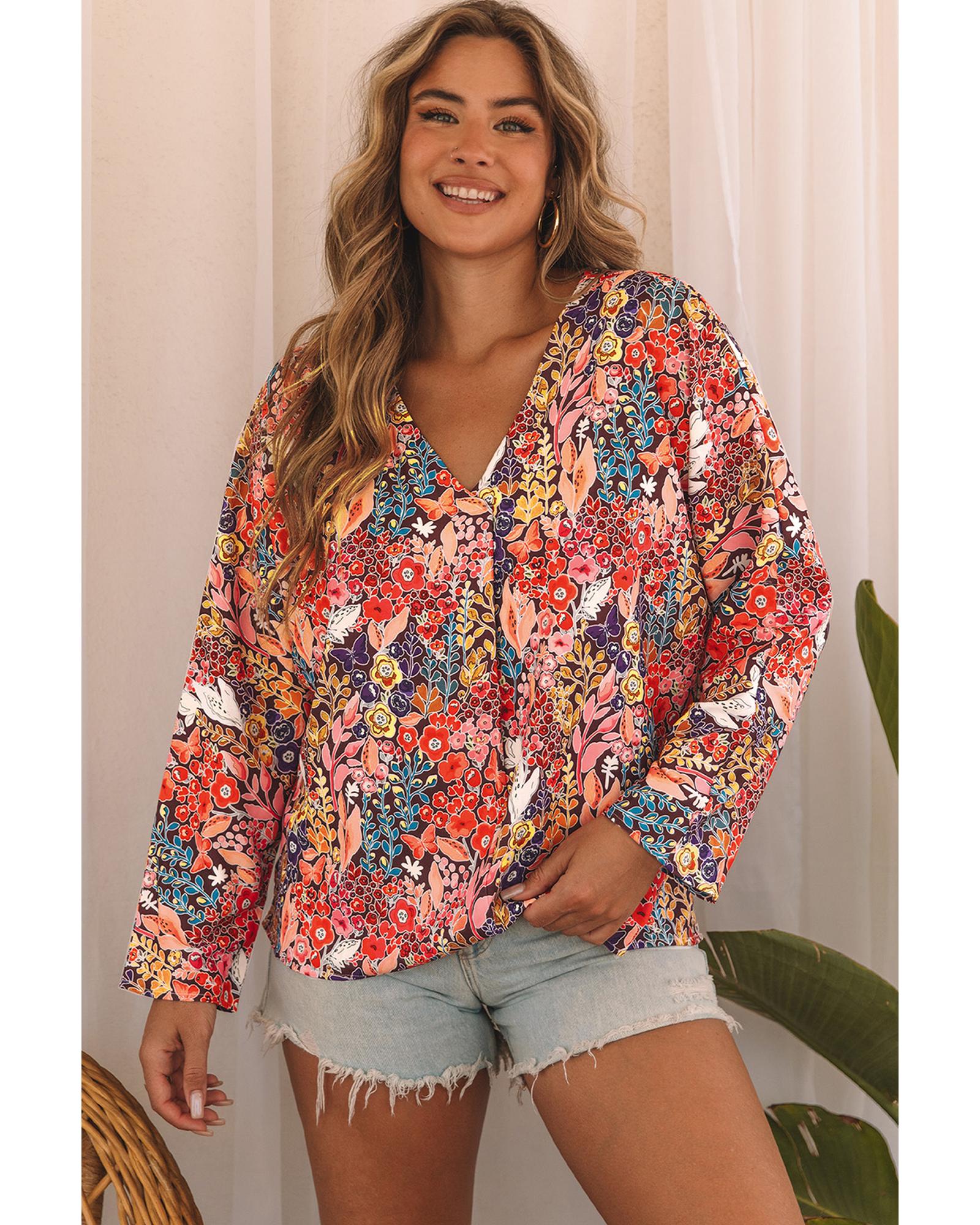 V539-AZEXDC25121689-22-S-202508290455-00 Azura Exchange Boho Floral Long Sleeve V-Neck Blouse - S - Image 1
