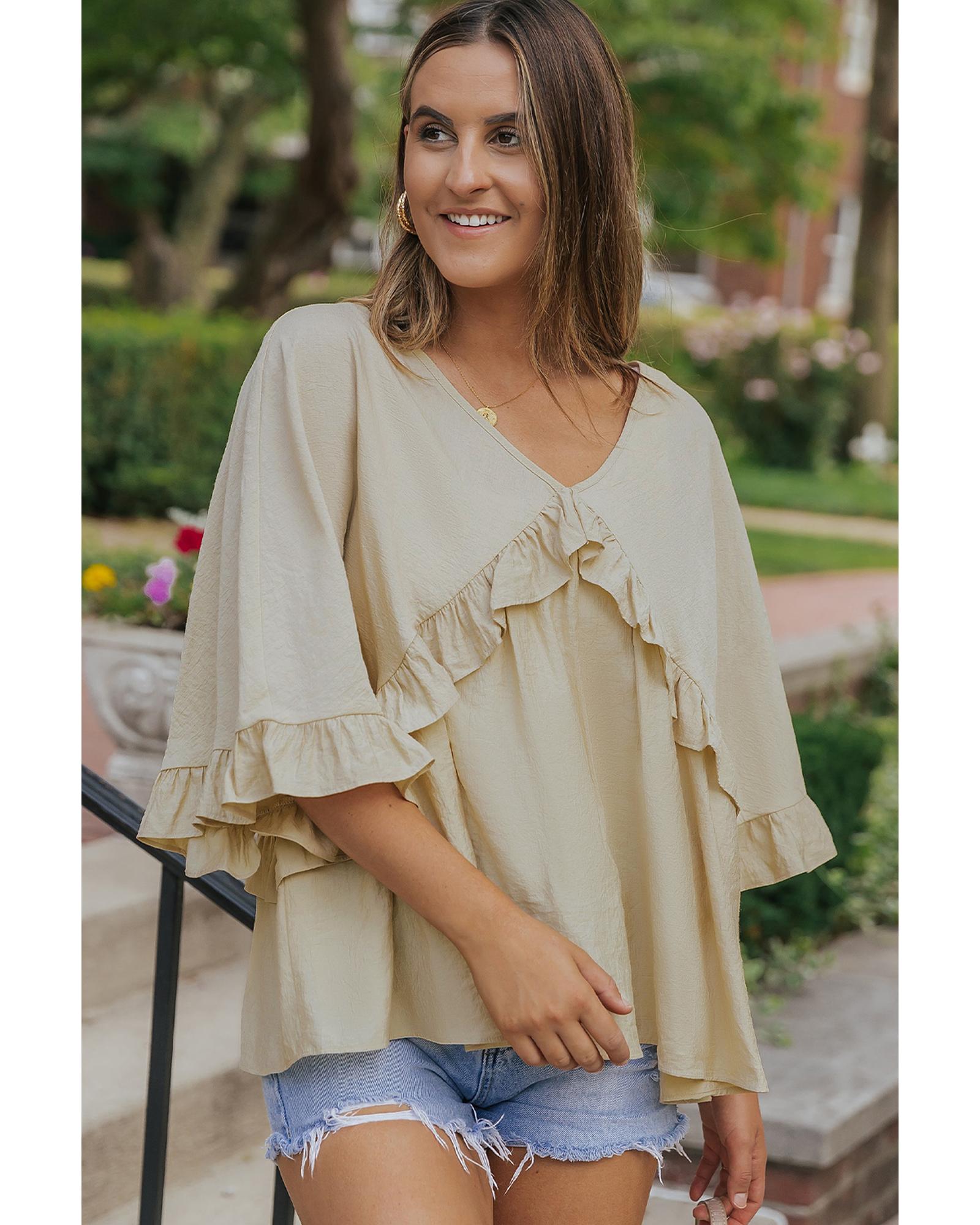 V539-AZEXDC25121754-18-S-202508290740-00 Azura Exchange Draped Batwing Sleeve Ruffle Top - S - Image 1