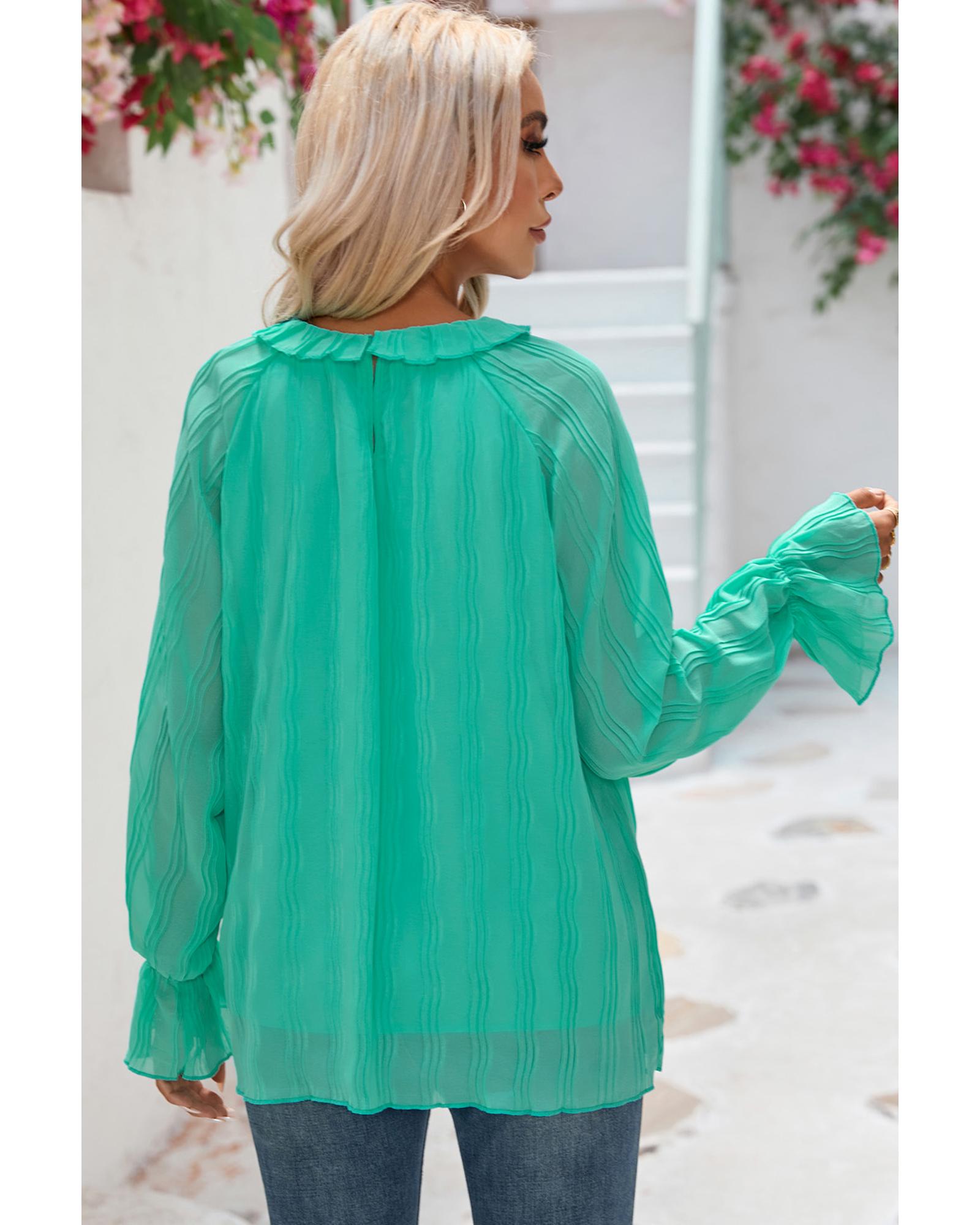 V539-AZEXDC25121763-9-S-202508261245-00 Azura Exchange Pleated Flared Cuff Long Sleeve Blouse - S - Image 1