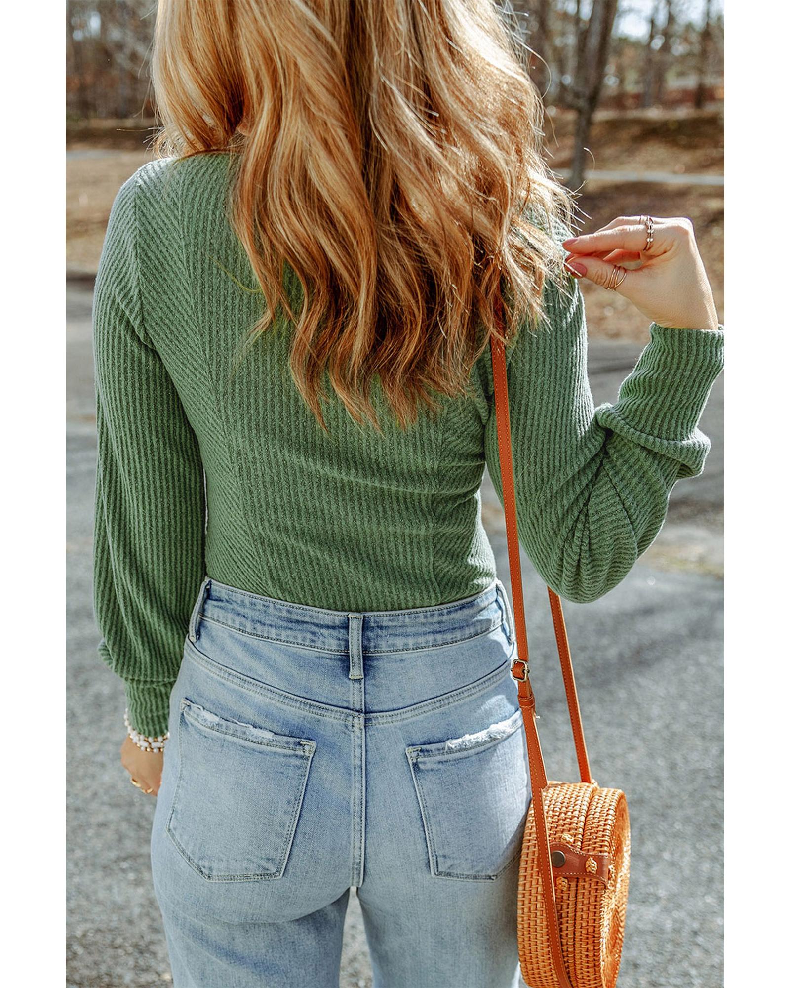 V539-AZEXDC25122007-9-XL-202508270845-00 Green U Neck Textured Long Sleeve Top - XL - Image 1