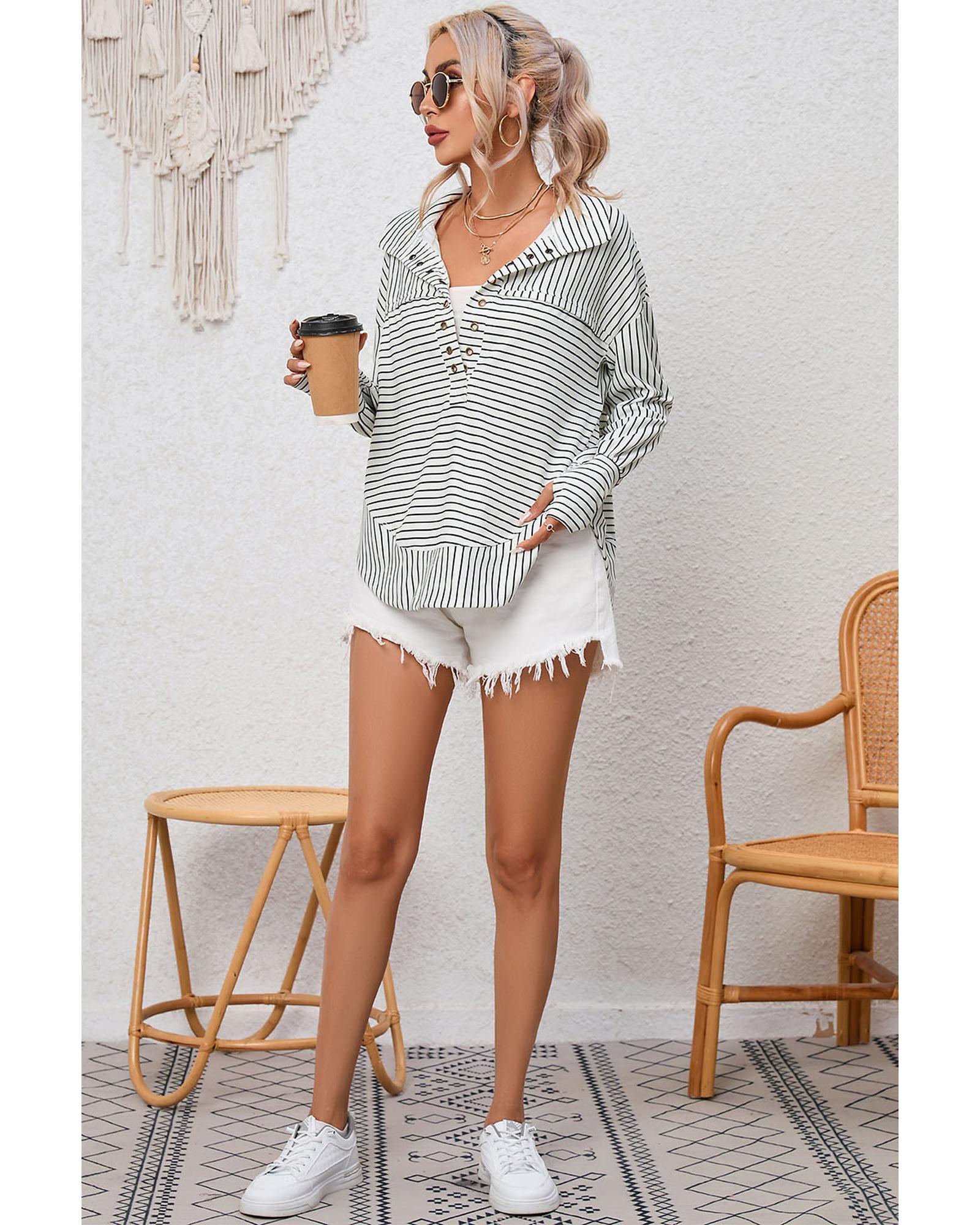 V539-AZEXDC25122017-1-M-202508291155-00 Azura Exchange Striped Thumbhole Drop Shoulder V Neck Top - M - Image 1