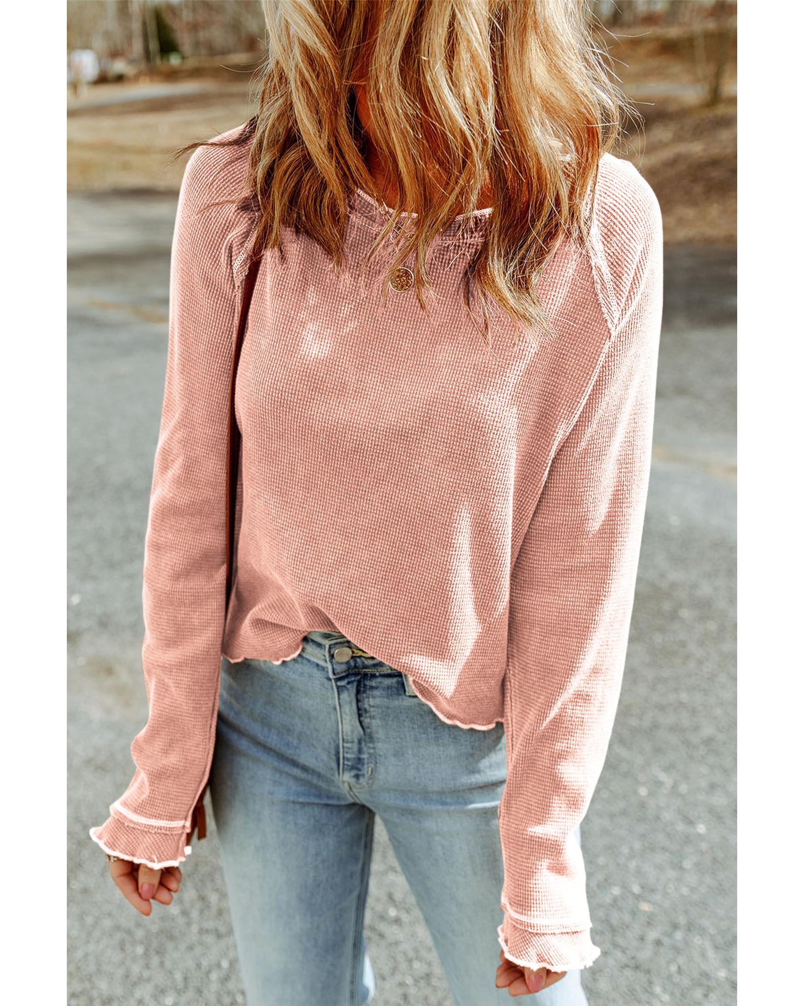 V539-AZEXDC25122025-P2010-L-202506112340-00 Apricot Pink Textured Round Neck Long Sleeve Top - L - Image 1