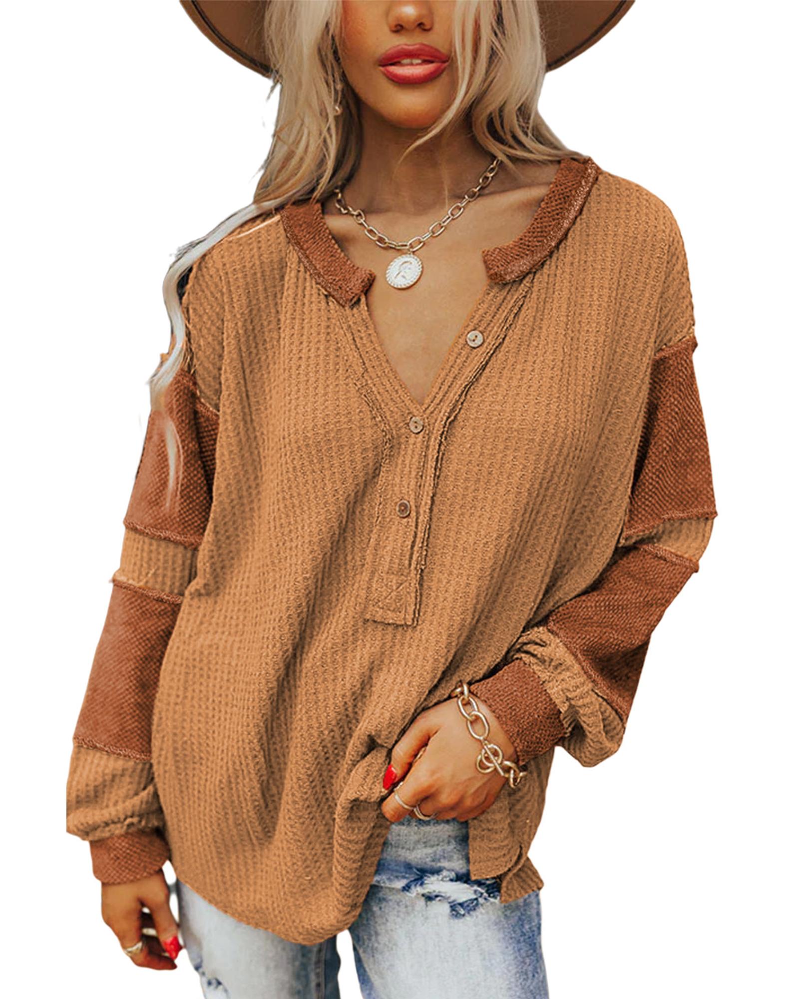 V539-AZEXDC25122090-14-M-202508291150-00 Azura Exchange Contrast Patched Waffle Knit Henley Top - M - Image 1