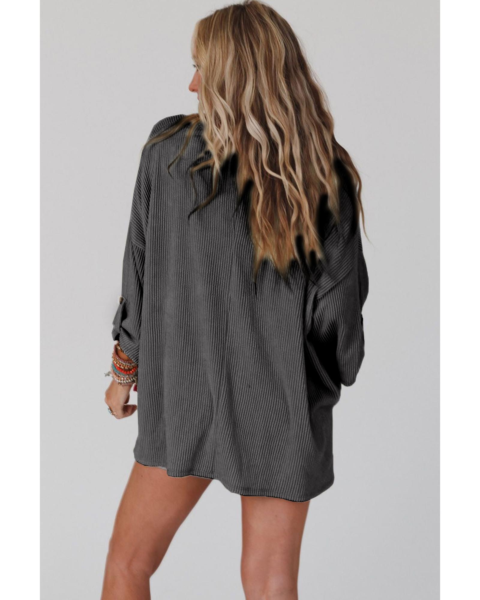 V539-AZEXDC25122091-1011-M-202508270825-00 Dark Gray Ribbed Roll-tab Sleeve Chest Pocket Oversize Top - M - Image 1