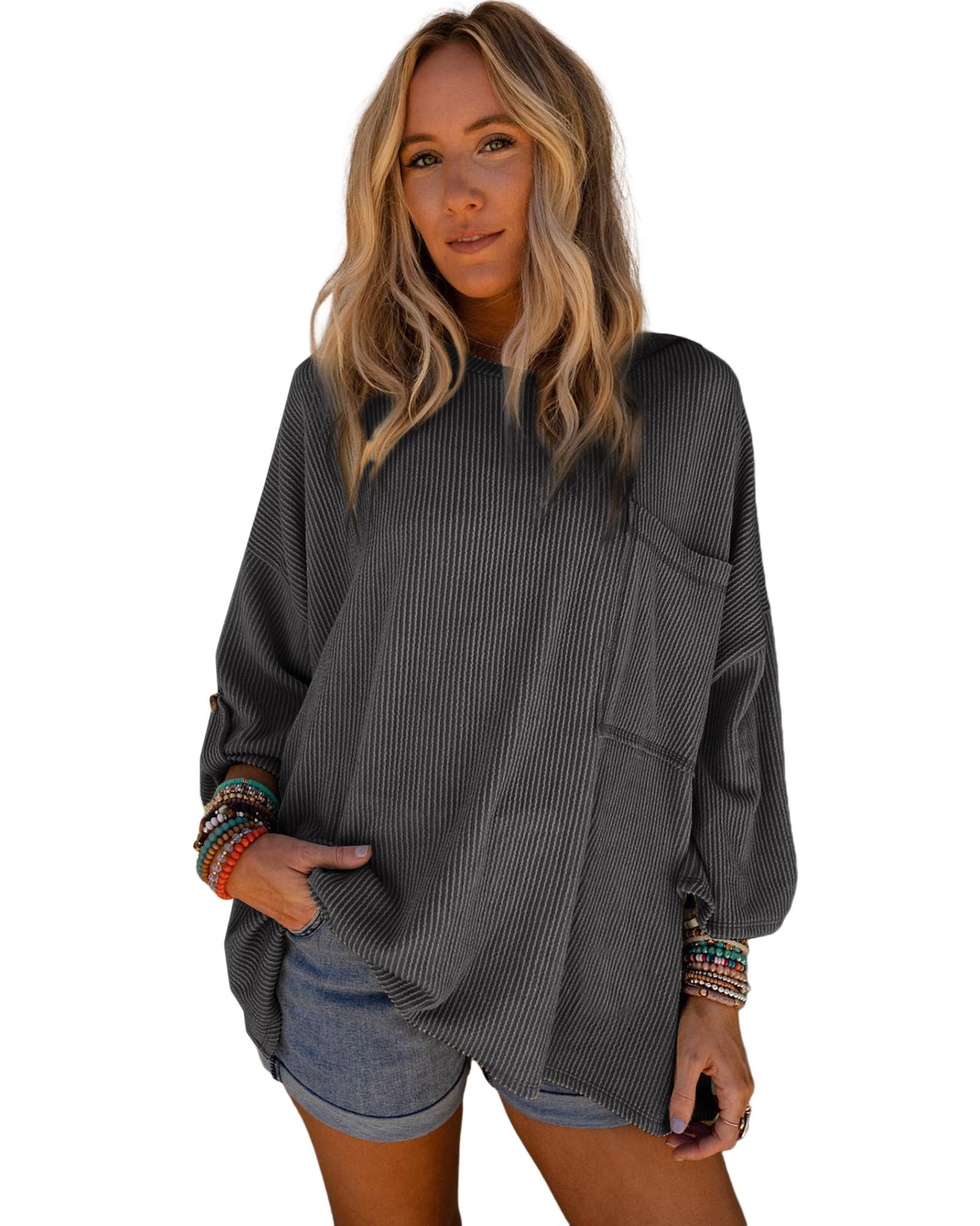 V539-AZEXDC25122091-1011-S-202506120007-00 Dark Gray Ribbed Roll-tab Sleeve Chest Pocket Oversize Top - S - Image 1