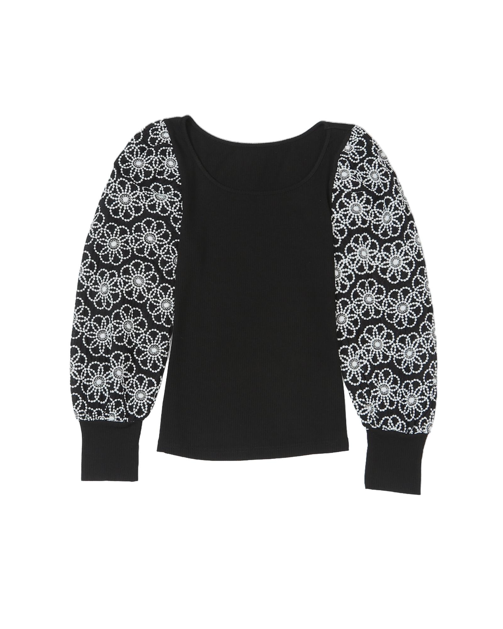 V539-AZEXDC25122096-2-S-202506120011-00 Black Flower Puff Sleeve Ribbed Knit Top - S - Image 1