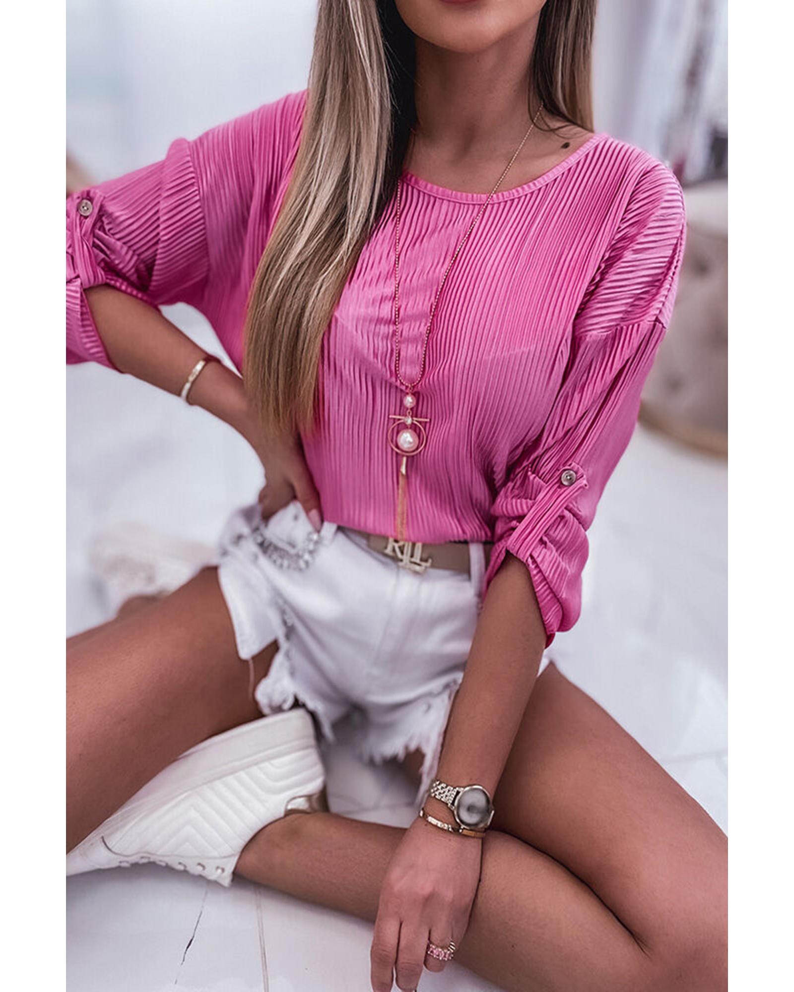 V539-AZEXDC25122204-6-M-202508291110-00 Azura Exchange Pleated Texture Roll Tab Sleeve Blouse - M - Image 1