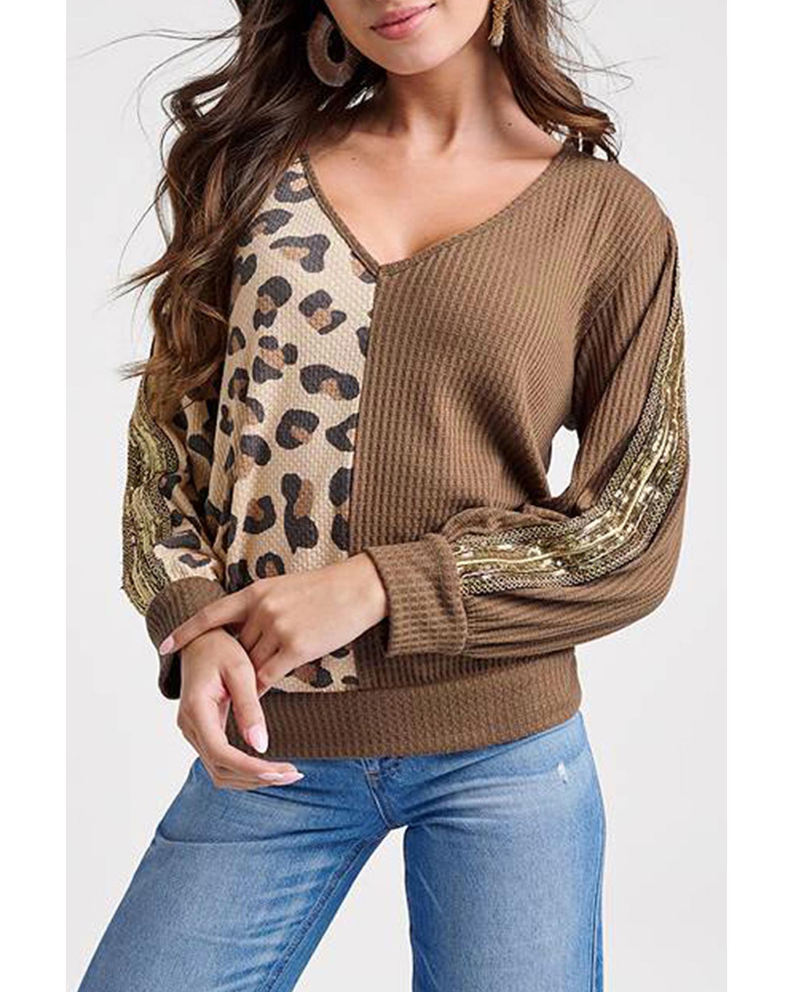 V539-AZEXDC25122294-17-M-202508272340-00 Brown Leopard Splicing Waffle Knit V Neck Top - M - Image 1