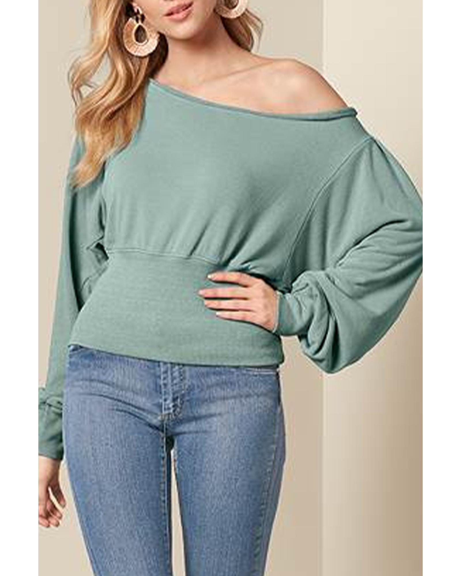 V539-AZEXDC25122312-9-XL-202508270905-00 Green Off Shoulder Bishop Sleeve Cinched Waist Blouse - XL - Image 1