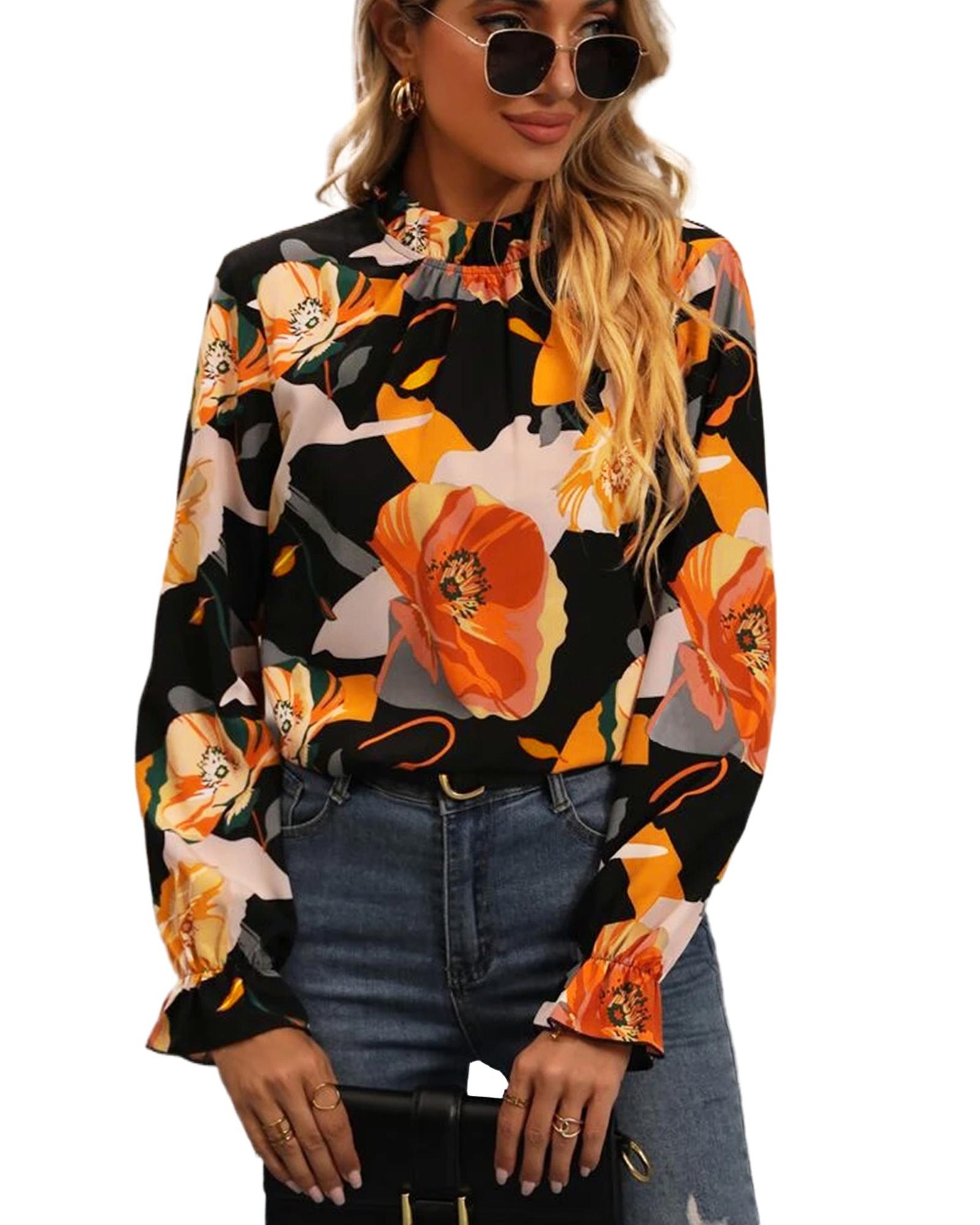 V539-AZEXDC25122394-2-L-202508272150-00 Black Floral Print Mock Neck Blouse - L - Image 1