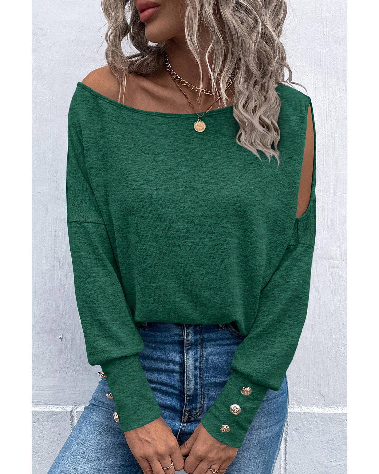 V539-AZEXDC25122558-9-L-202508270945-00 Green Asymmetrical Cut Out Buttoned Long Sleeve Top - L - Image 1