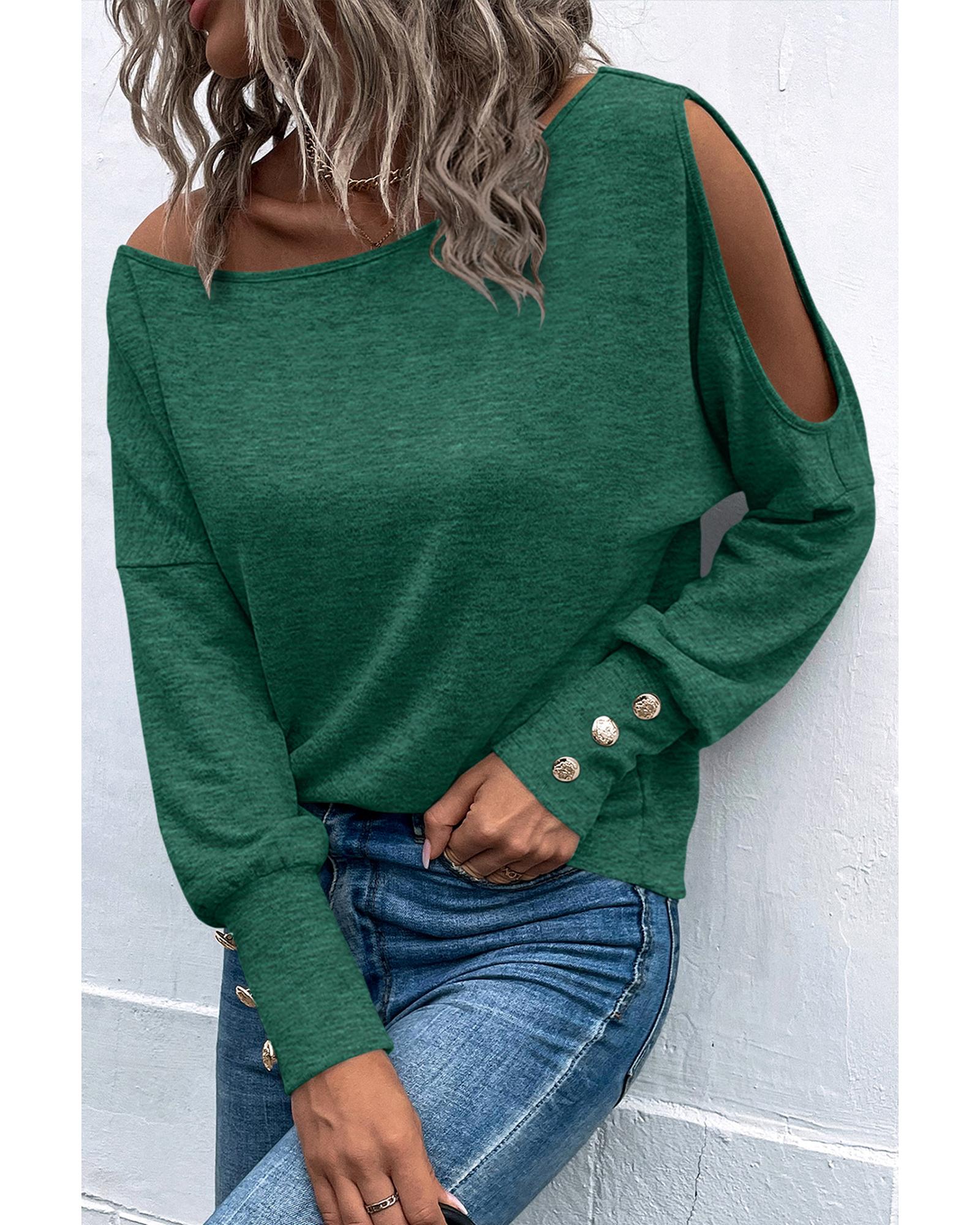 V539-AZEXDC25122558-9-M-202508271100-00 Green Asymmetrical Cut Out Buttoned Long Sleeve Top - M - Image 1
