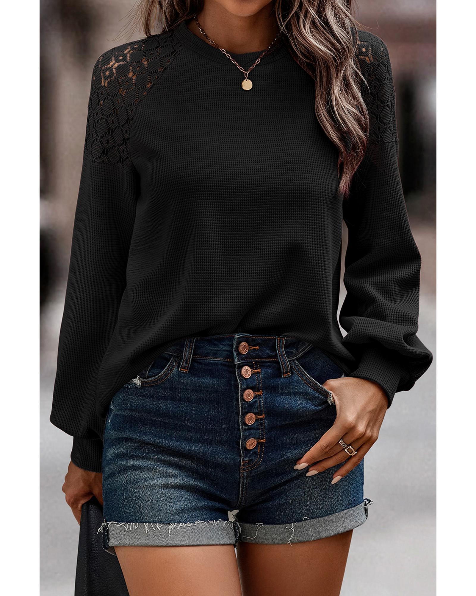 V539-AZEXDC25122570-P2-M-202508270210-00 Black Lace Long Sleeve Textured Pullover - M - Image 1