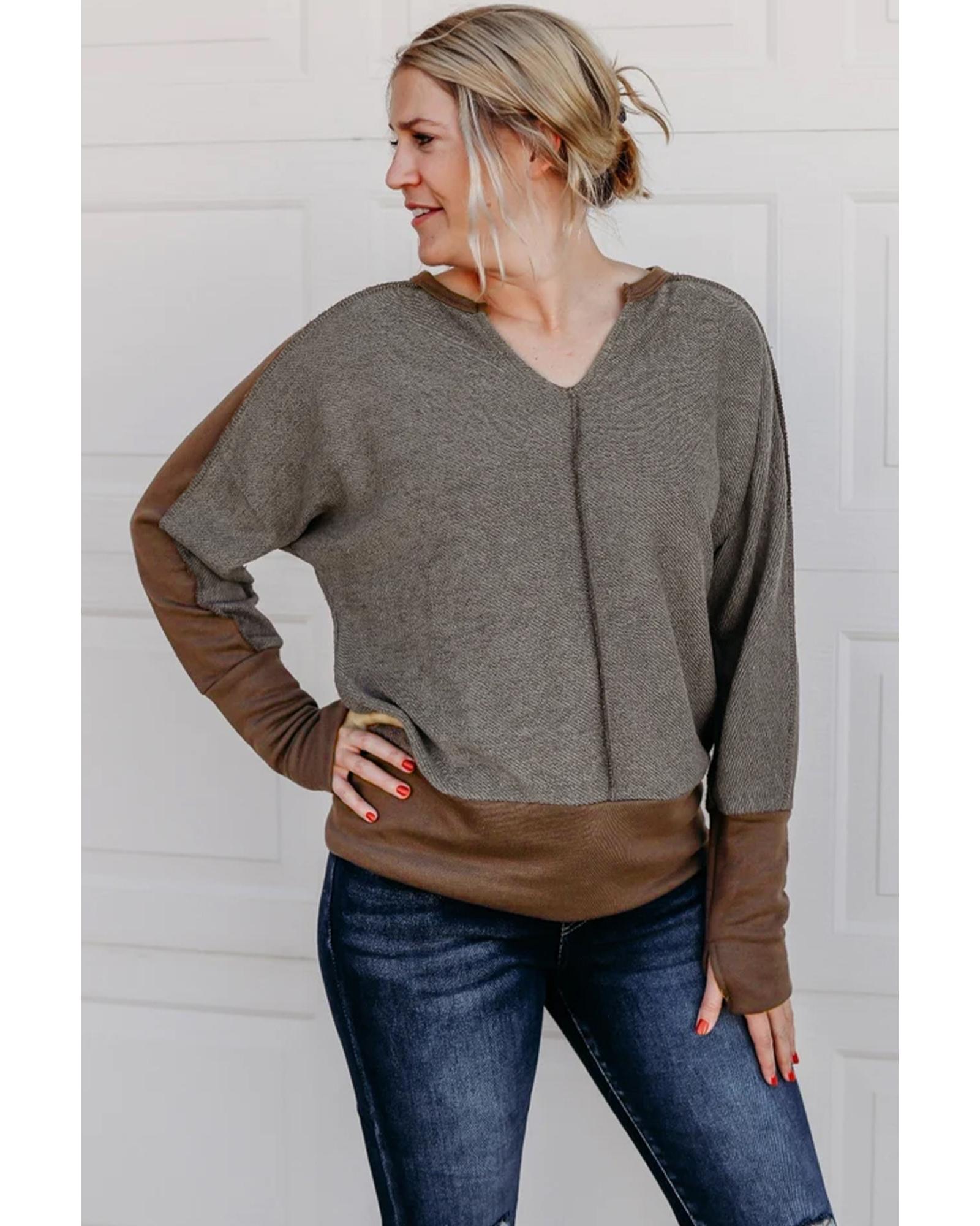 V539-AZEXDC25122627-17-M-202508271955-00 Brown Contrast Patchwork Thumbhole Sleeve Top - M - Image 1