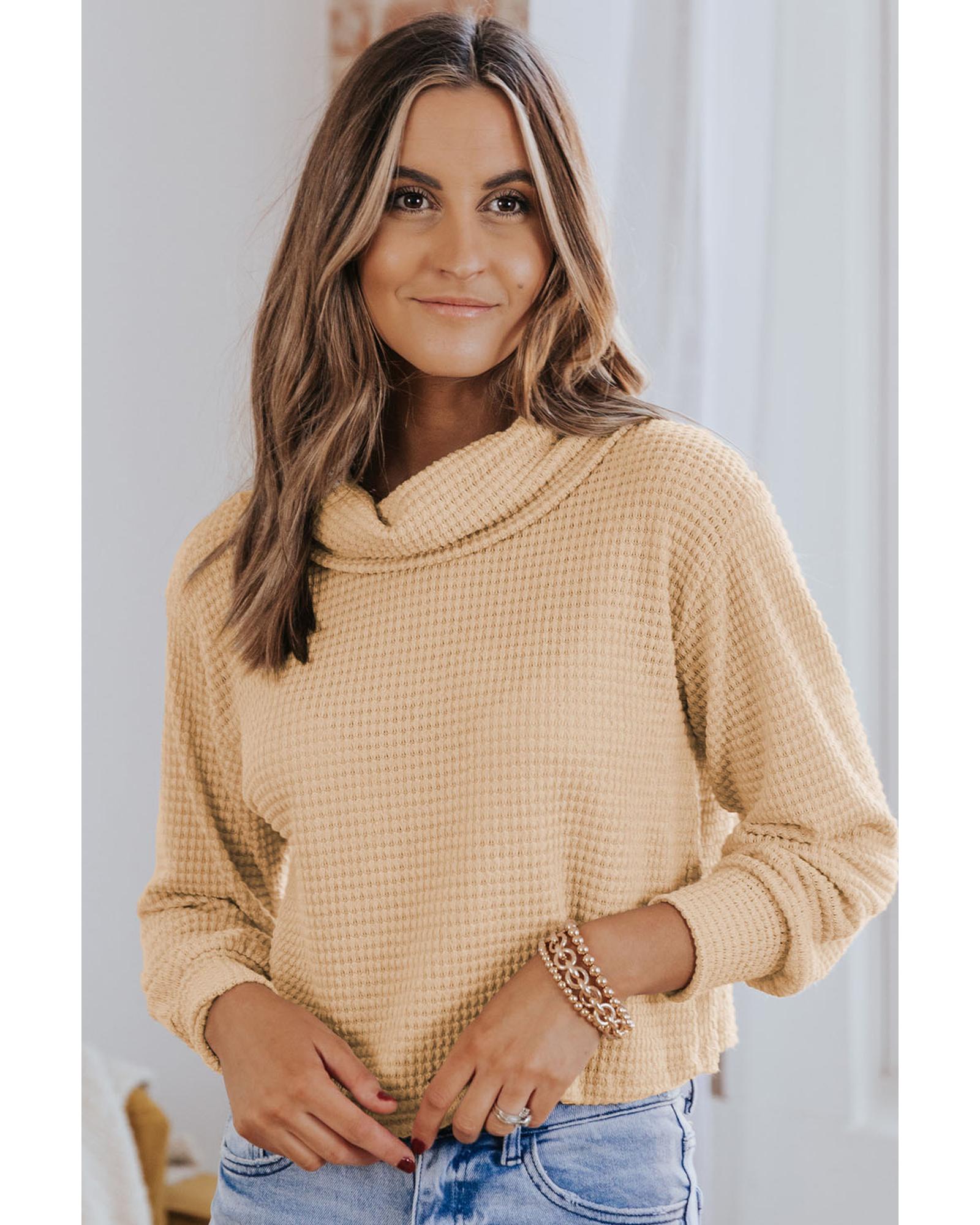 V539-AZEXDC25122640-18-L-202508291235-00 Azura Exchange Apricot Waffle Knit Turtleneck Top - L - Image 1