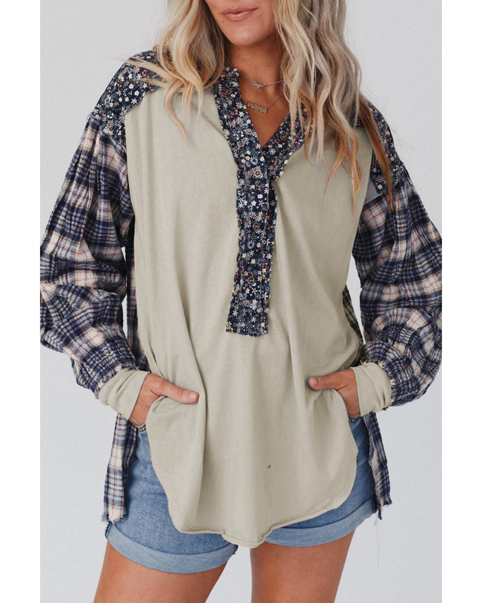 V539-AZEXDC25122651-5-S-202506111935-00 Blue Floral Plaid Mixed Print Bishop Sleeve Patchwork Top - S - Image 1