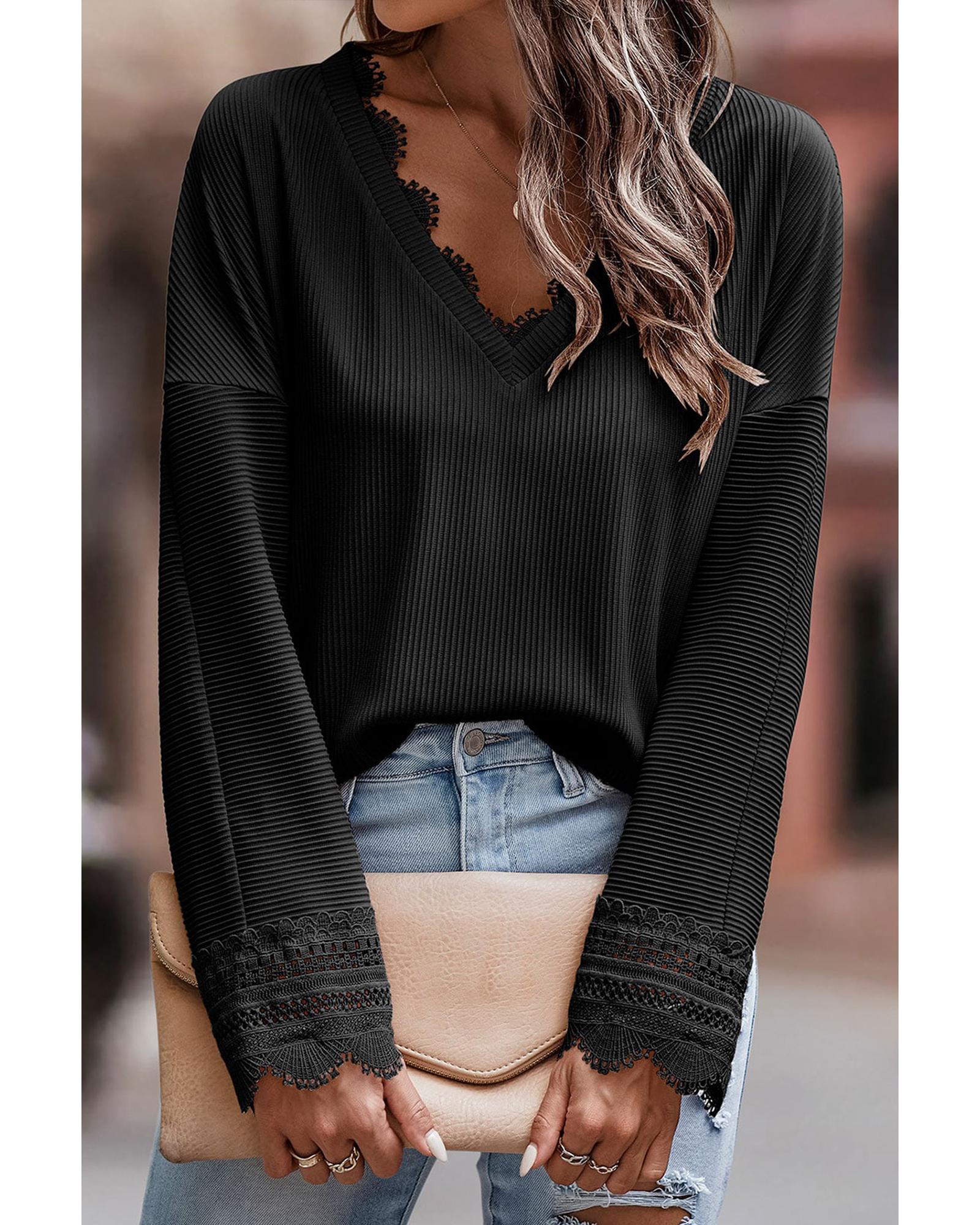 V539-AZEXDC25122653-2-S-202509010240-00 Azura Exchange Ribbed Texture Lace Trim V Neck Long Sleeve Top - S - Image 1