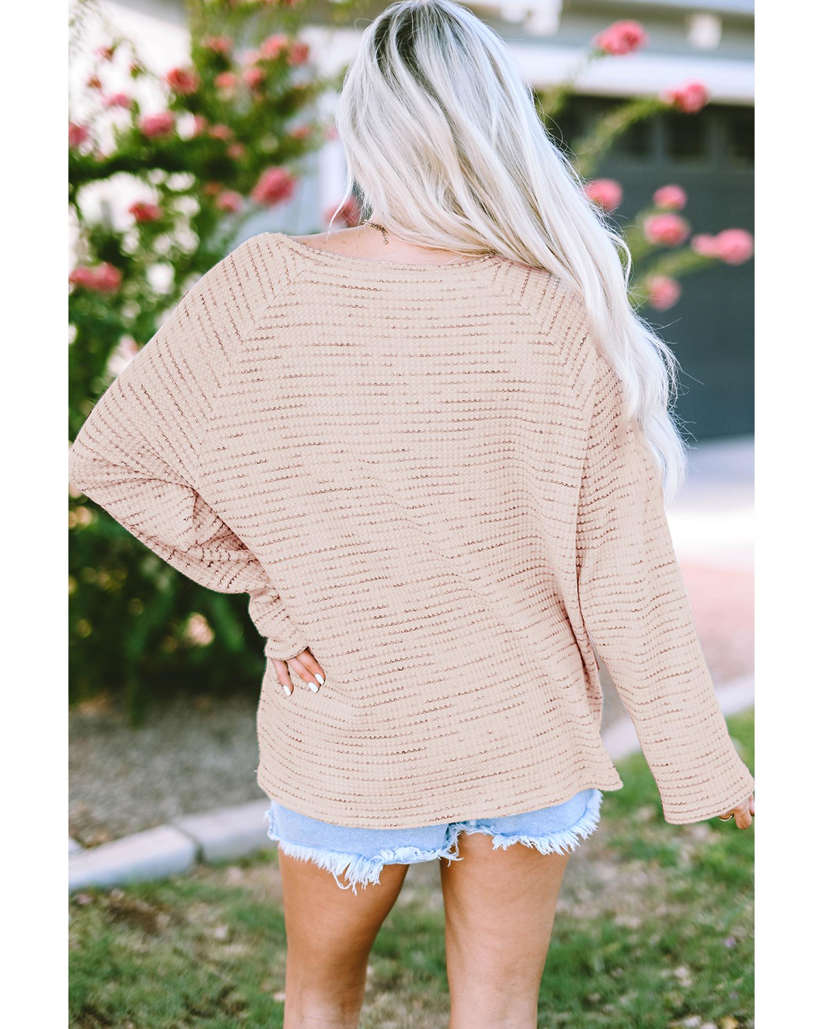 V539-AZEXDC25122703-10-M-202508271535-00 Pink Waffled Knit Long Sleeve V-Neck Frayed Top - M - Image 1