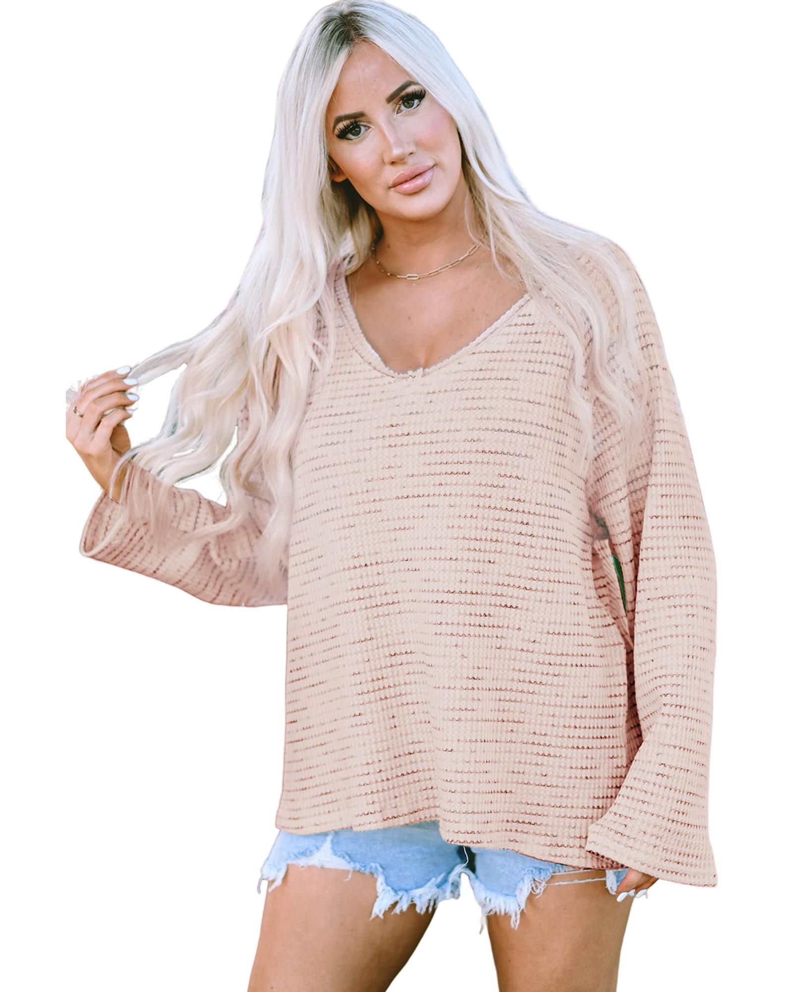 V539-AZEXDC25122703-10-S-202506111953-00 Pink Waffled Knit Long Sleeve V-Neck Frayed Top - S - Image 1