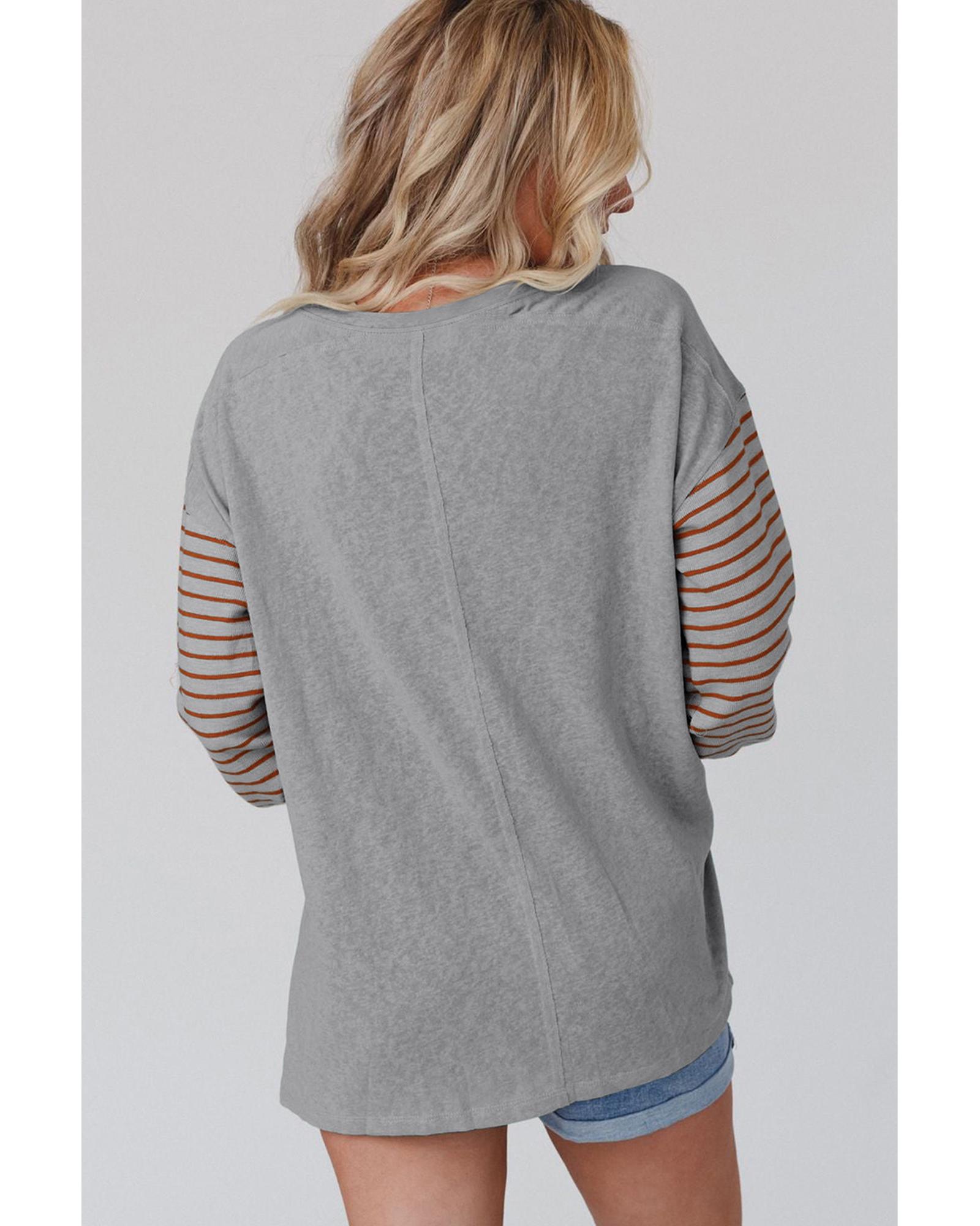 V539-AZEXDC25122727-P11-XL-202508270615-00 Gray Colorblock Striped Bishop Sleeve Top - XL - Image 1