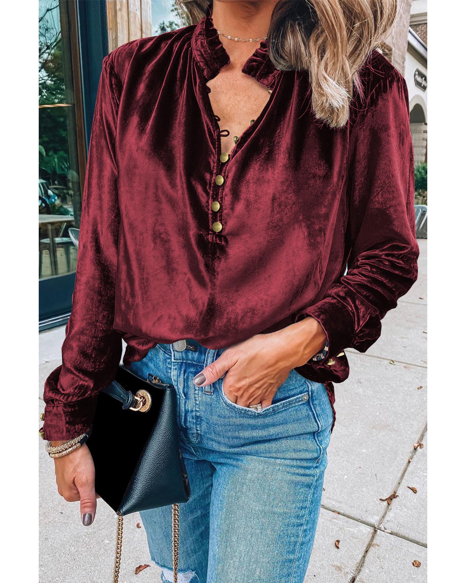 V539-AZEXDC25123034-P503-2XL-202508270940-00 Biking Red Frilled Neck Buttoned Front Velvet Top - 2XL - Image 1