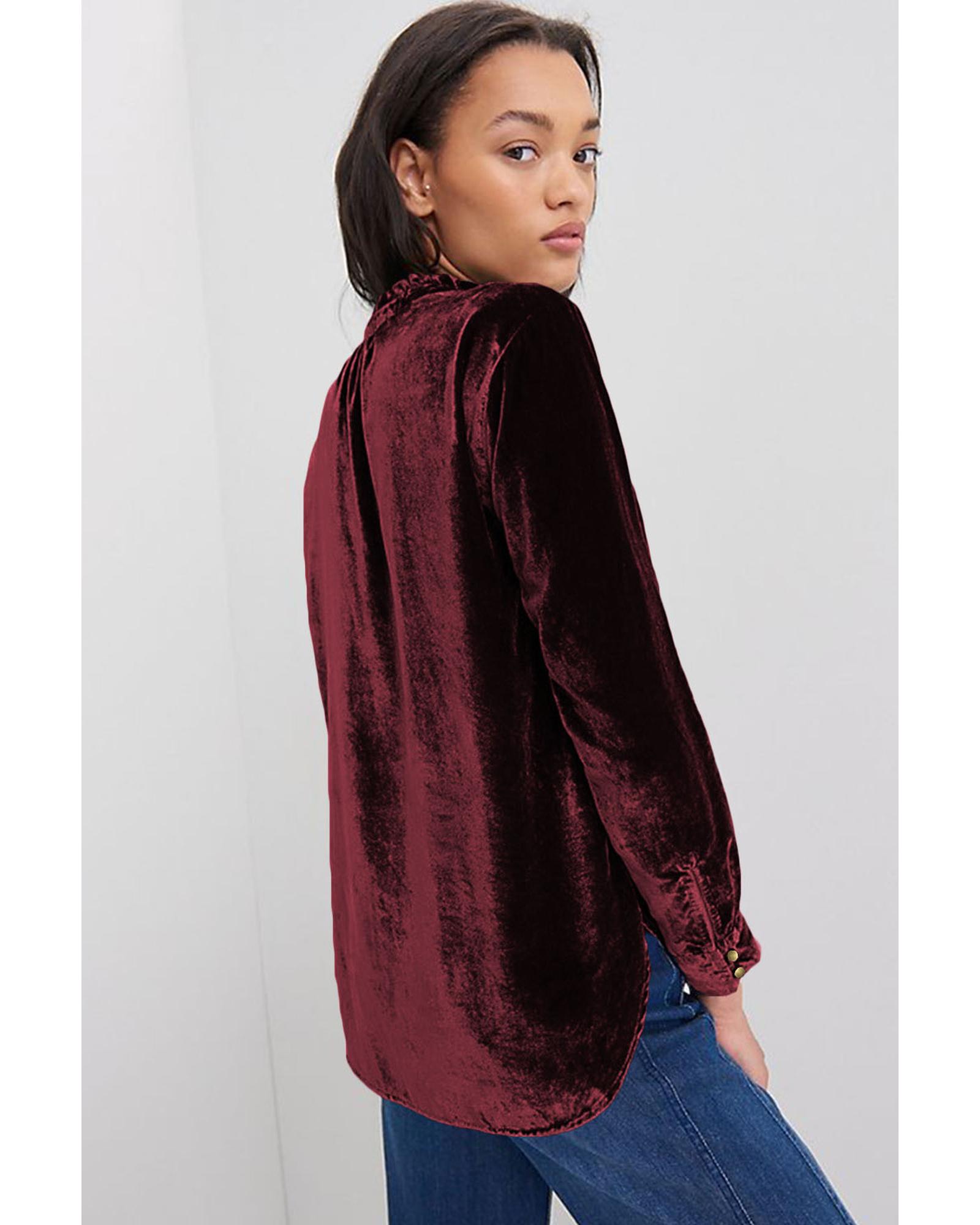 V539-AZEXDC25123034-P503-M-202508271155-00 Biking Red Frilled Neck Buttoned Front Velvet Top - M - Image 1