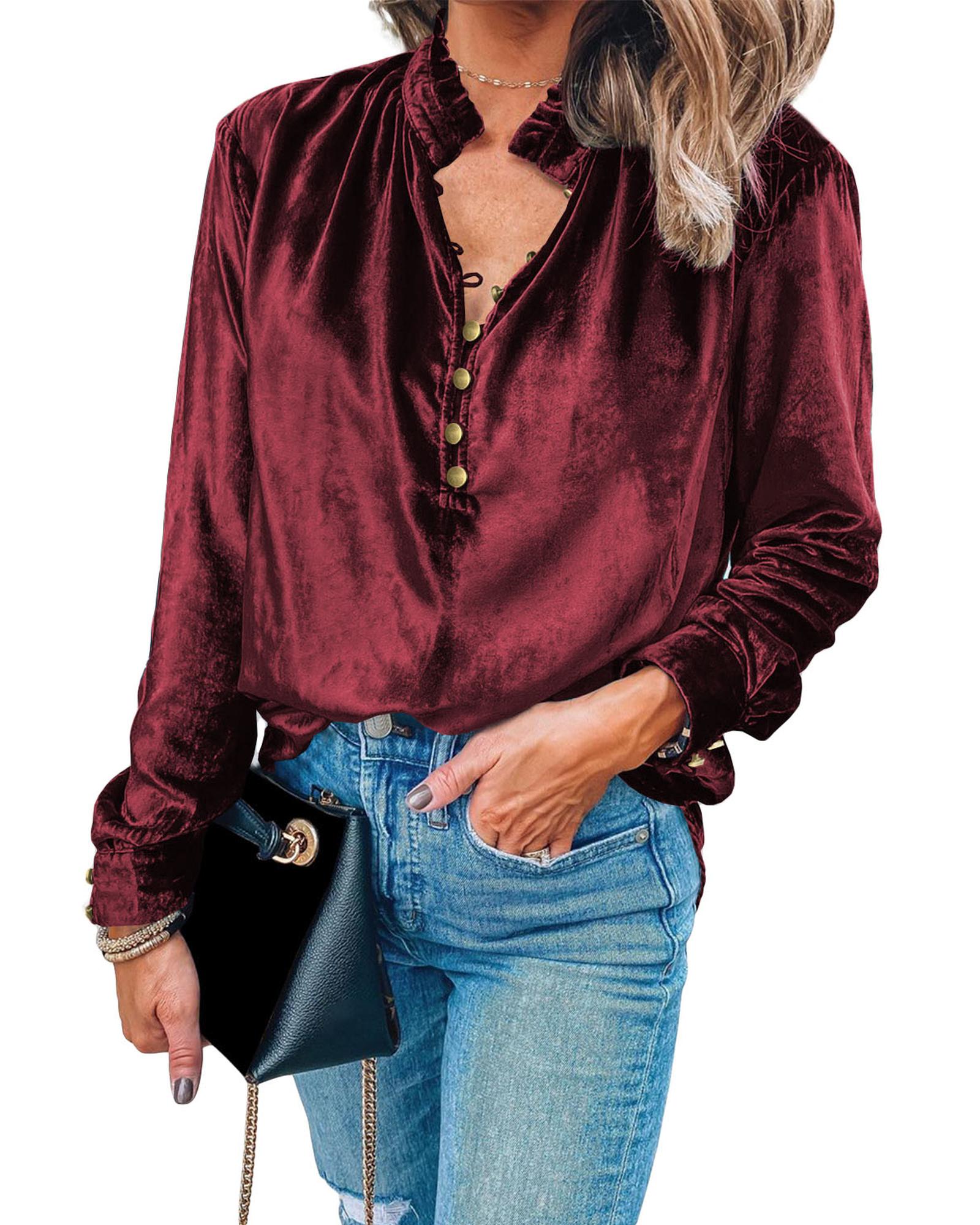 V539-AZEXDC25123034-P503-XL-202508271500-00 Biking Red Frilled Neck Buttoned Front Velvet Top - XL - Image 1