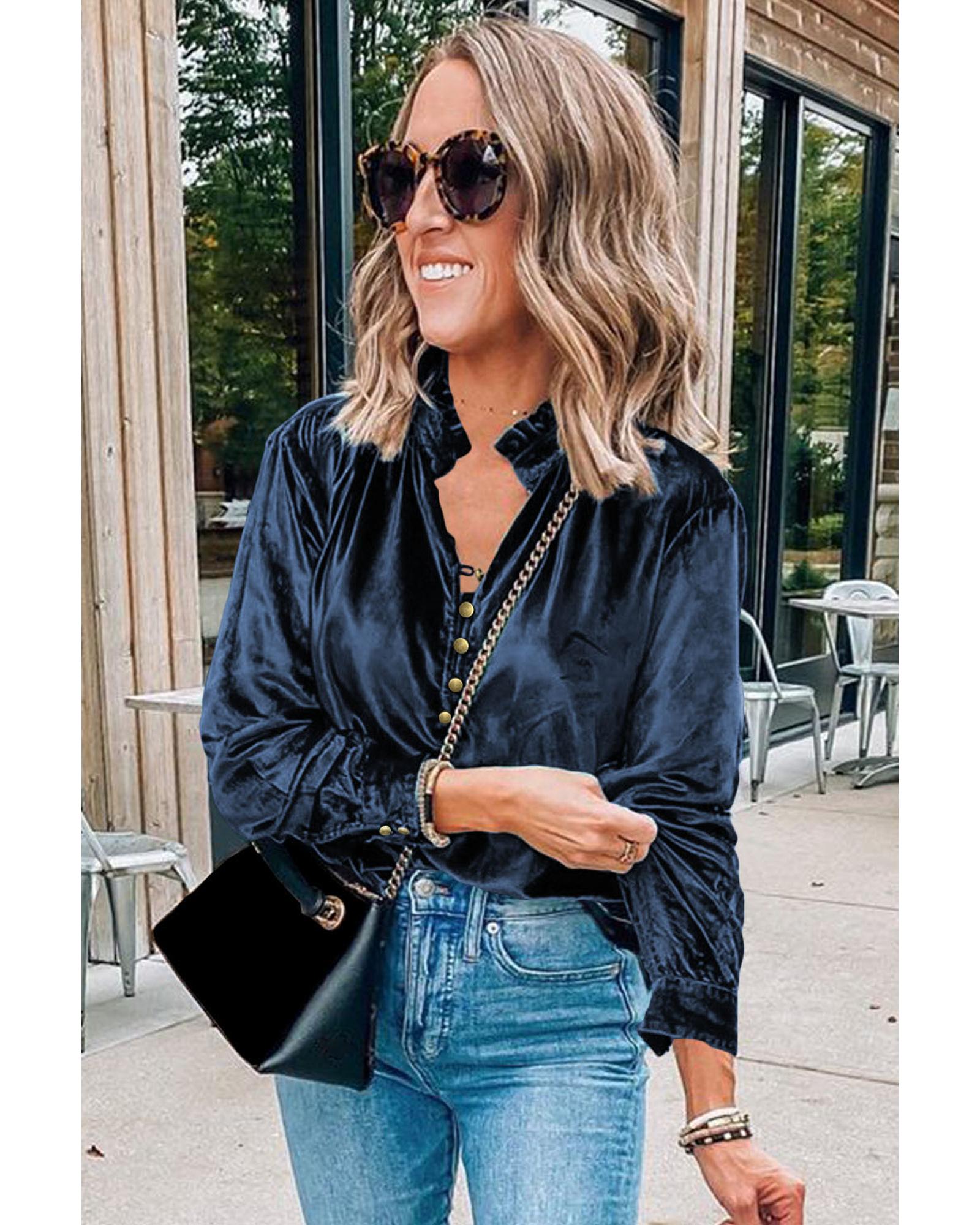 V539-AZEXDC25123034-P605-L-202508271705-00 Navy Blue Frilled Neck Buttoned Front Velvet Top - L - Image 1