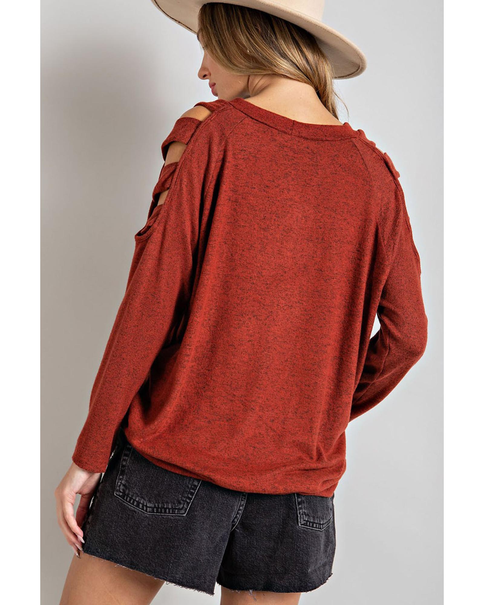 V539-AZEXDC25123100-14-M-202508270525-00 Orange Cutout Cold Shoulder Long Sleeve Top - M - Image 1