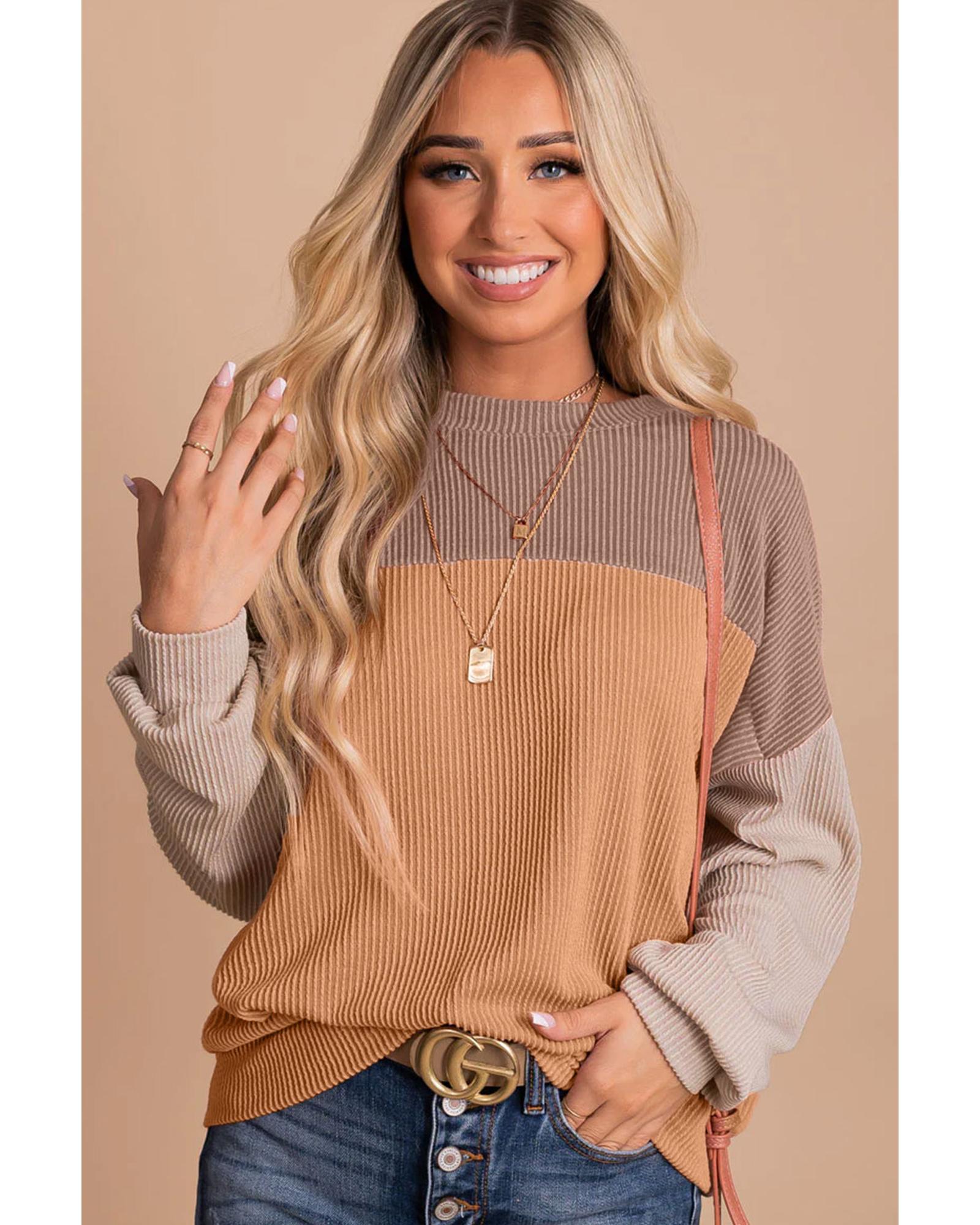 V539-AZEXDC25123172-16-XL-202508271155-00 Khaki Color Block Long Sleeve Ribbed Loose Top - XL - Image 1