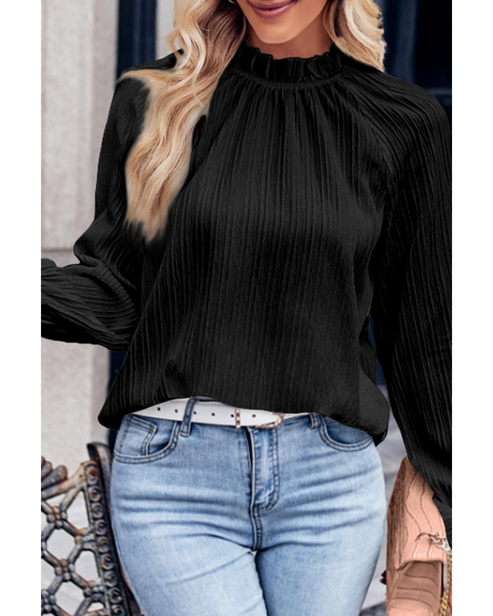 V539-AZEXDC25123206-2-XL-202508291200-00 Azura Exchange Frilled Mock Neck Ripple Bubble Sleeve Blouse - XL - Image 1