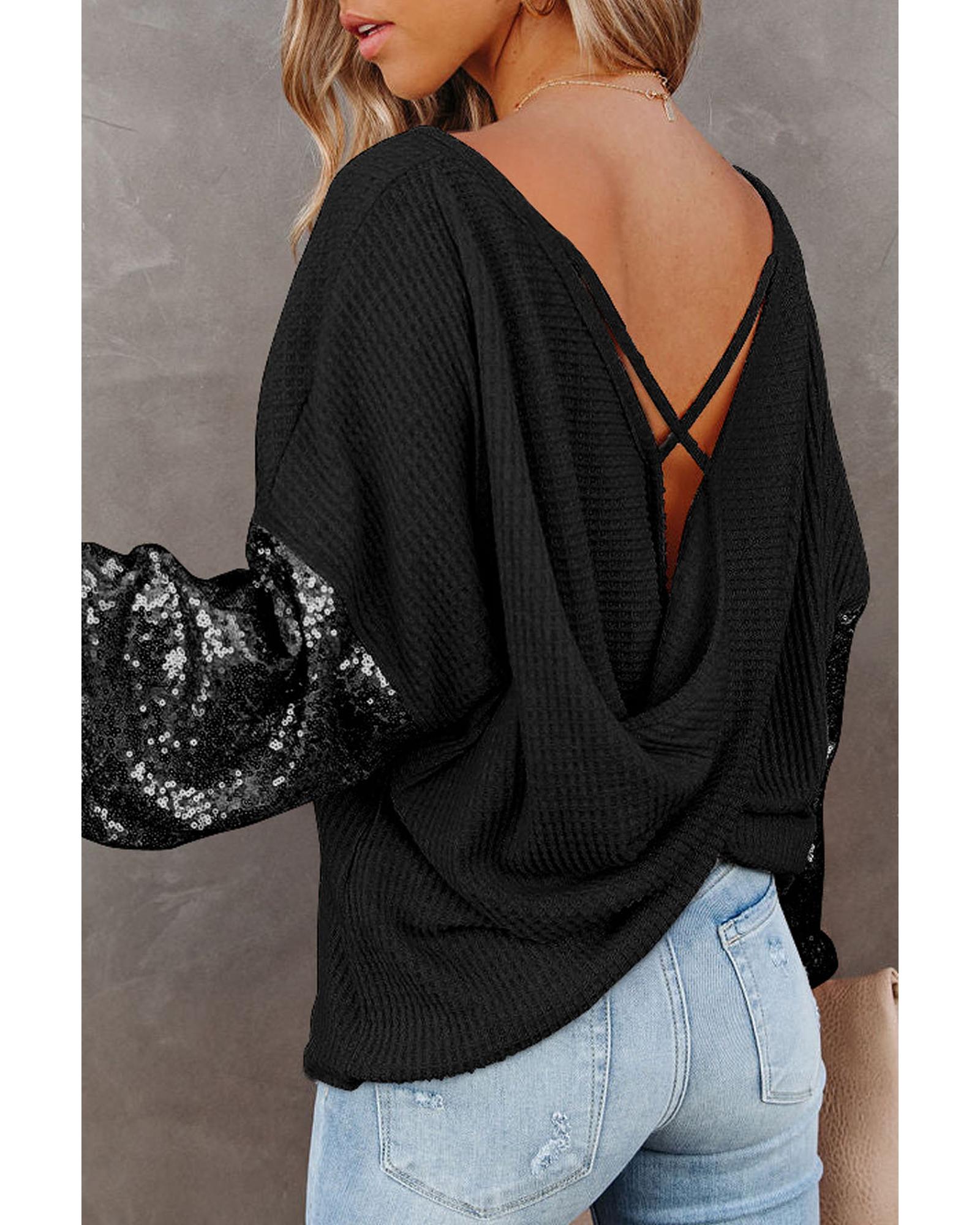 V539-AZEXDC25123326-P2-L-202508270850-00 Black Sequin Patchwork Sleeve Open Back Waffle Knit Top - L - Image 1