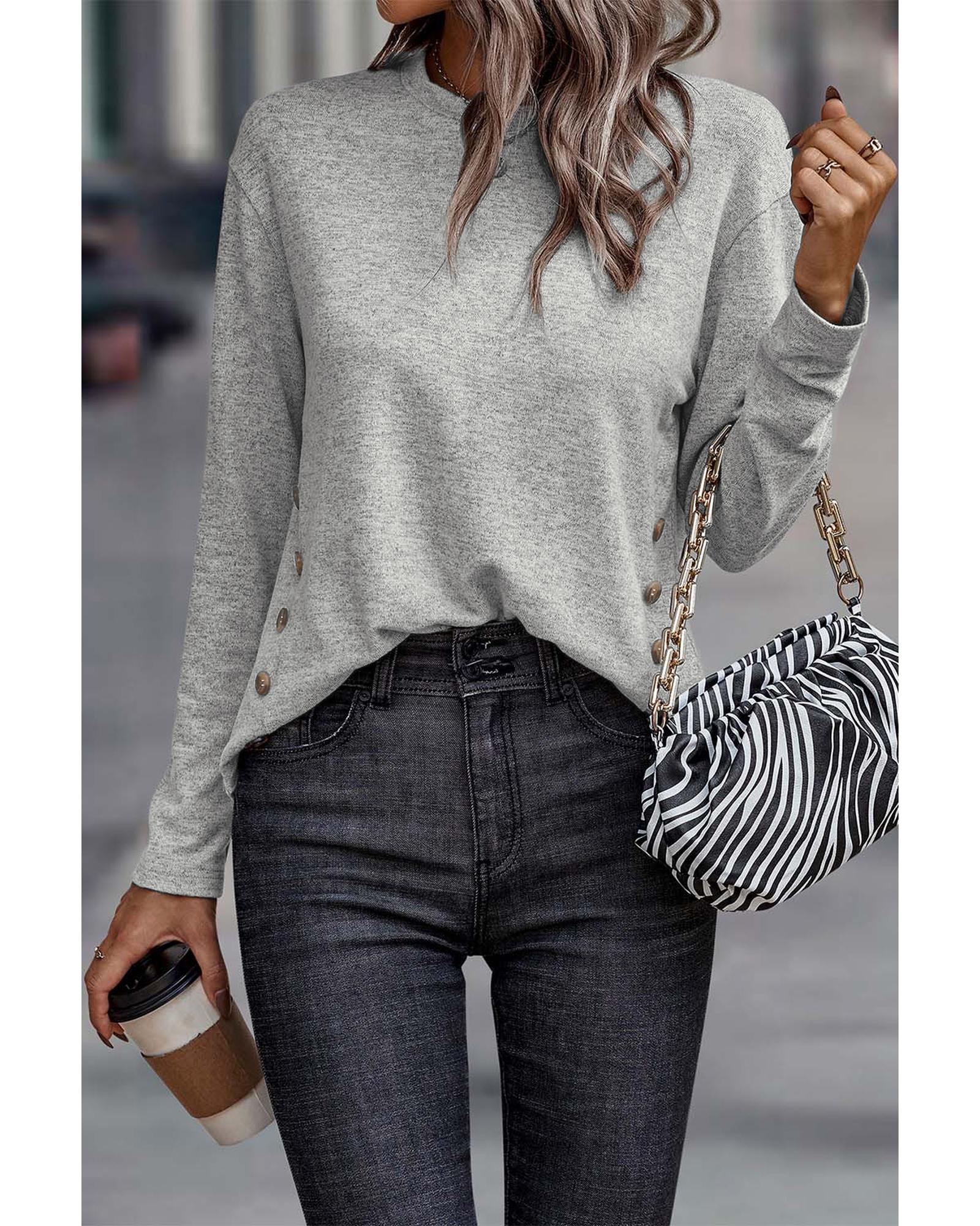 V539-AZEXDC25123515-11-L-202508271135-00 Gray Side Buttons Crew Neck Knit Top - L - Image 1