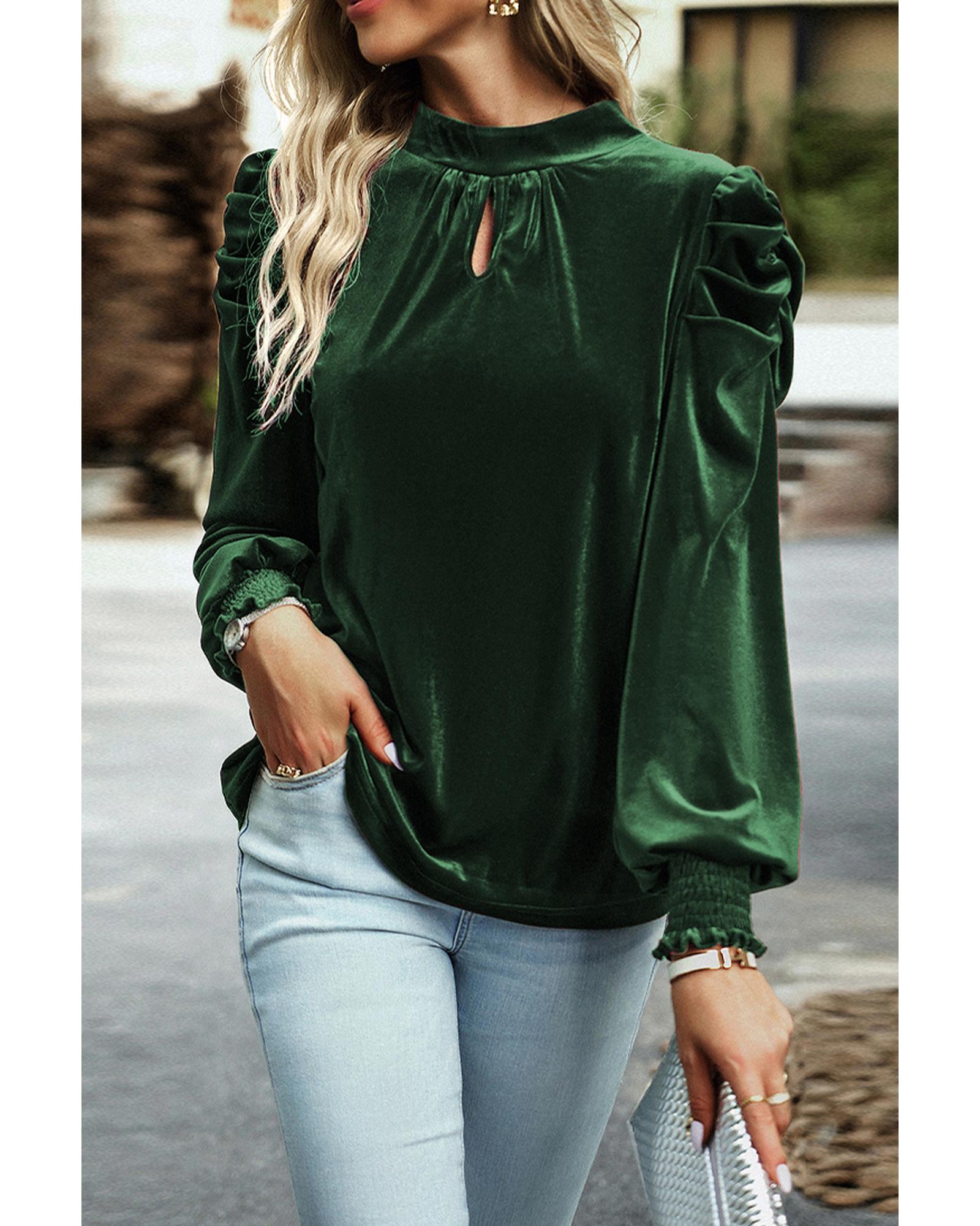 V539-AZEXDC25123529-P309-L-202508270845-00 Azura Exchange Blackish Green Mock Neck Puff Sleeve Velvet Blouse - L - Image 1