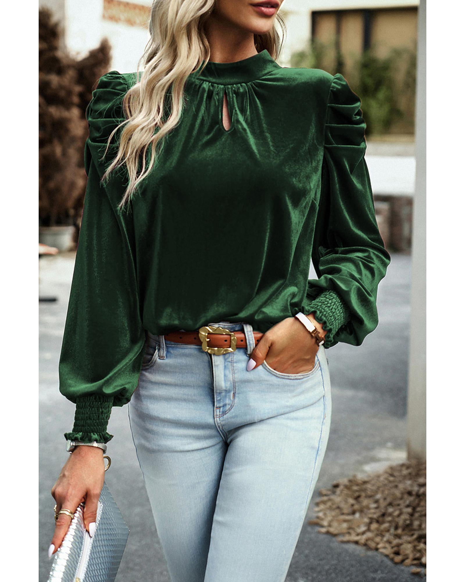 V539-AZEXDC25123529-P309-S-202508272005-00 Azura Exchange Blackish Green Mock Neck Puff Sleeve Velvet Blouse - S - Image 1