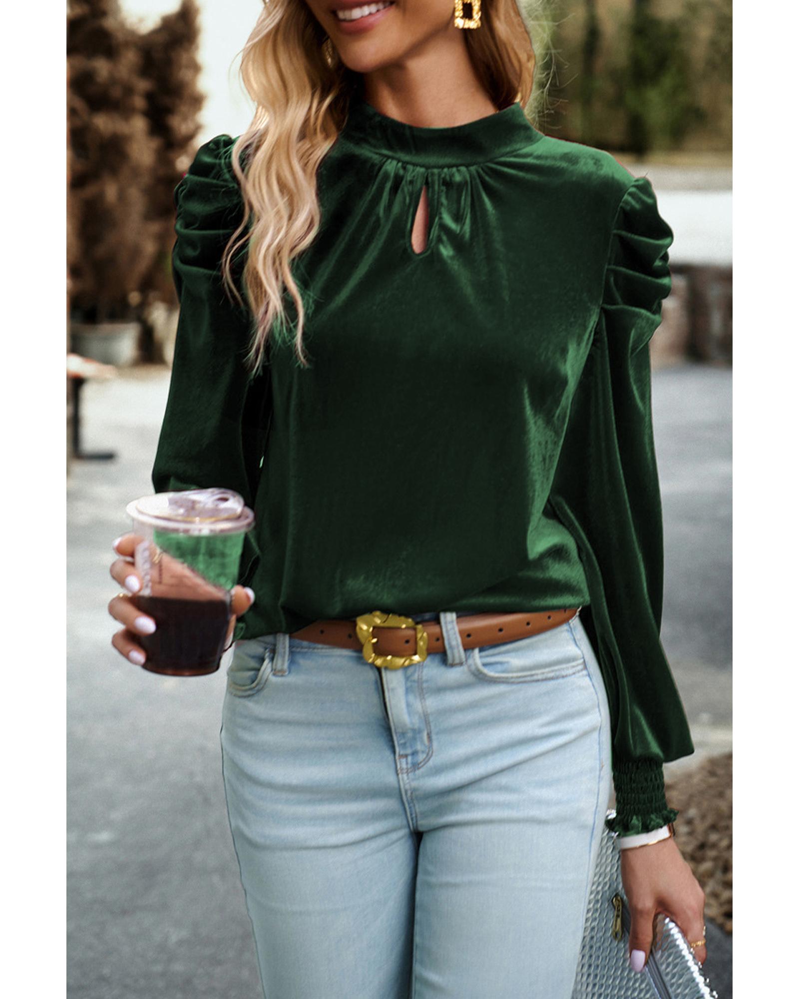 V539-AZEXDC25123529-P309-XL-202506120030-00 Azura Exchange Blackish Green Mock Neck Puff Sleeve Velvet Blouse - XL - Image 1